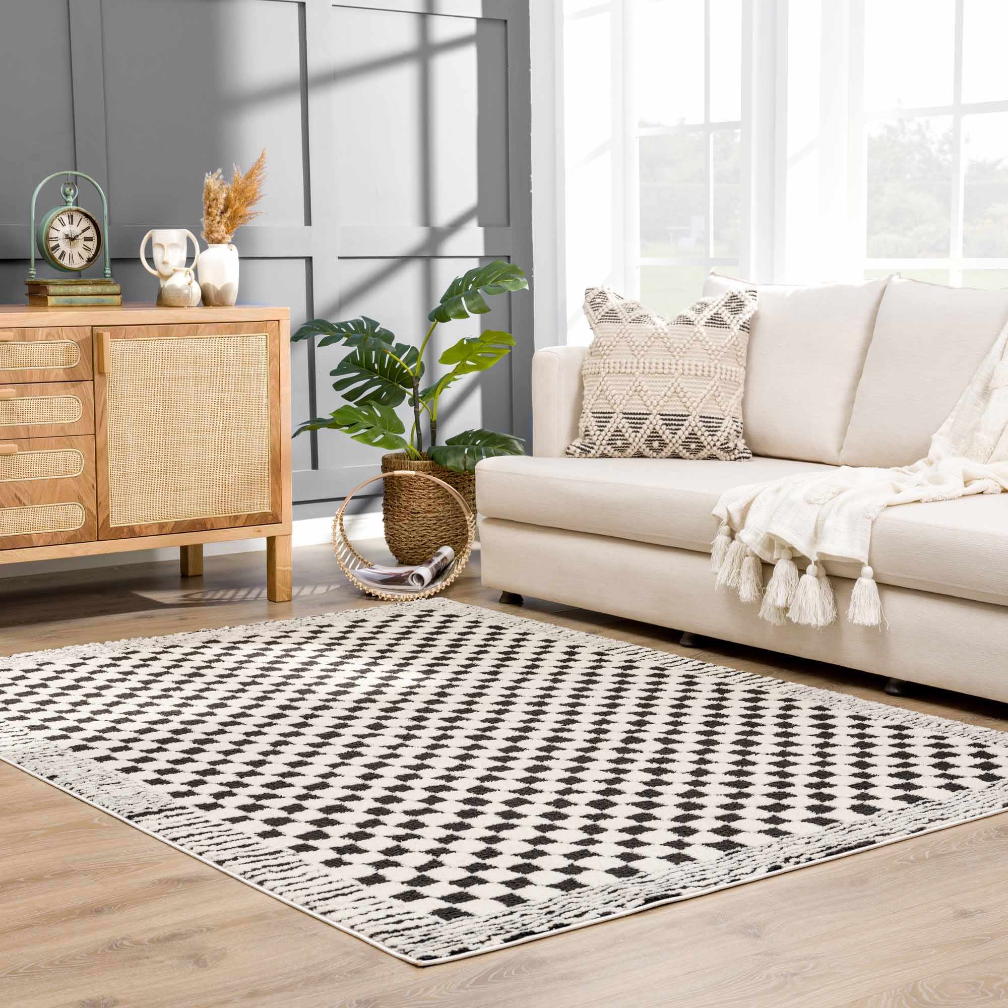 Modern Geometrical Ivory and Black Checkered Plush Pile Moroccan Style Area Rug - Image 14