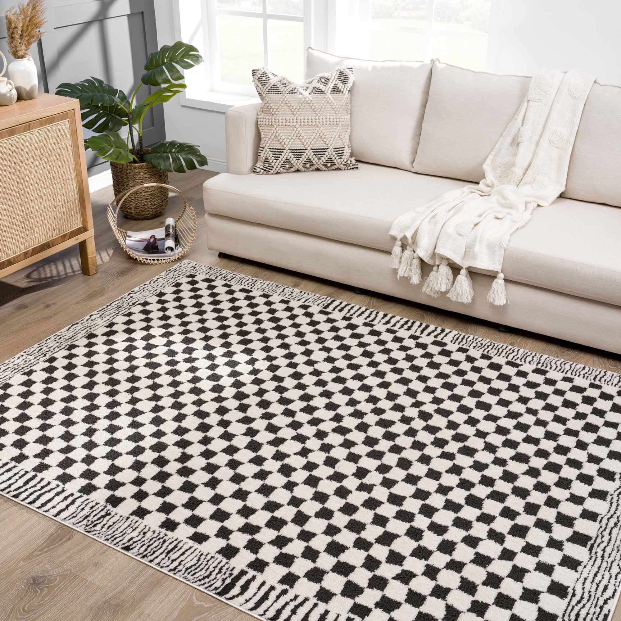 Modern Geometrical Ivory and Black Checkered Plush Pile Moroccan Style Area Rug - Image 15