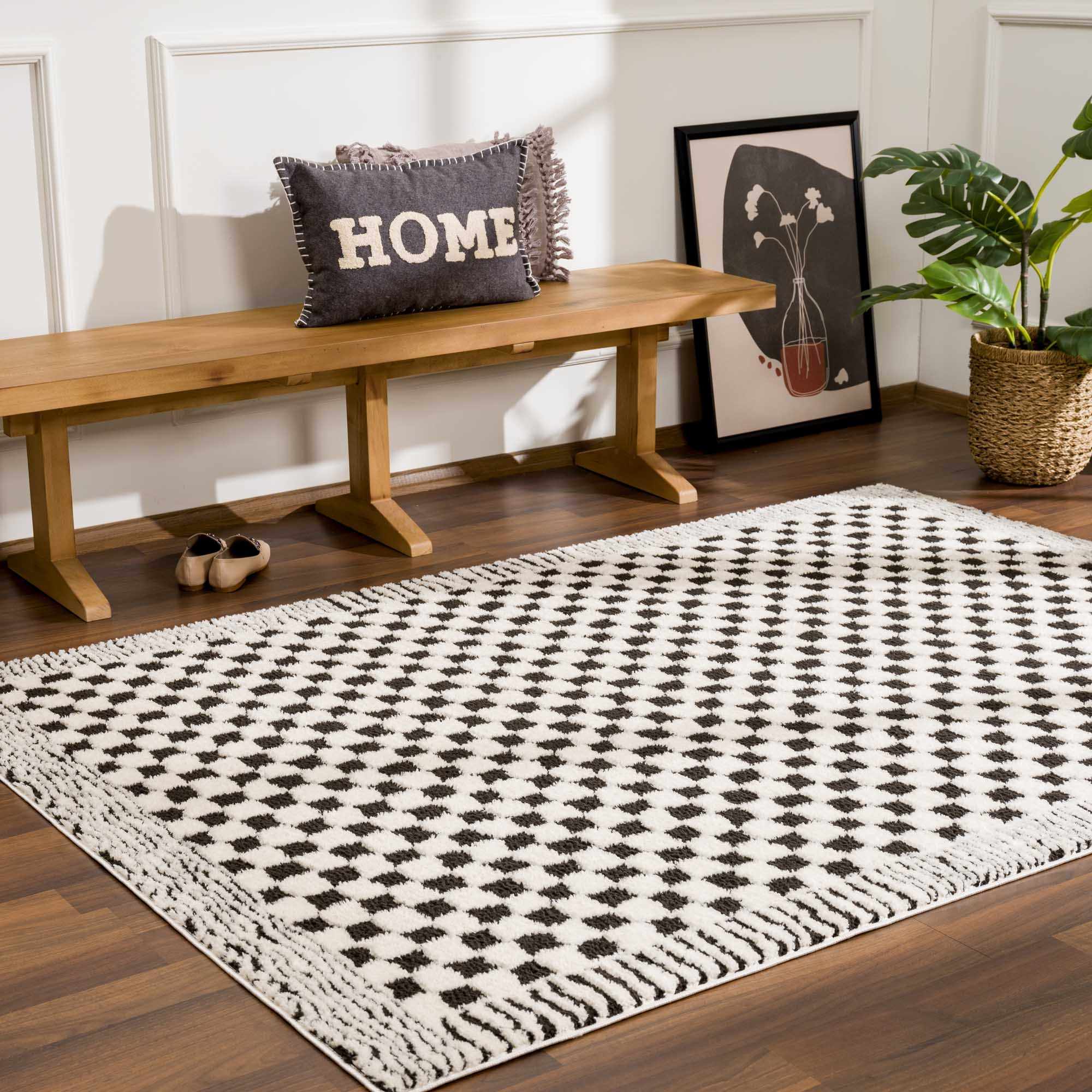 Modern Geometrical Ivory and Black Checkered Plush Pile Moroccan Style Area Rug - Image 16