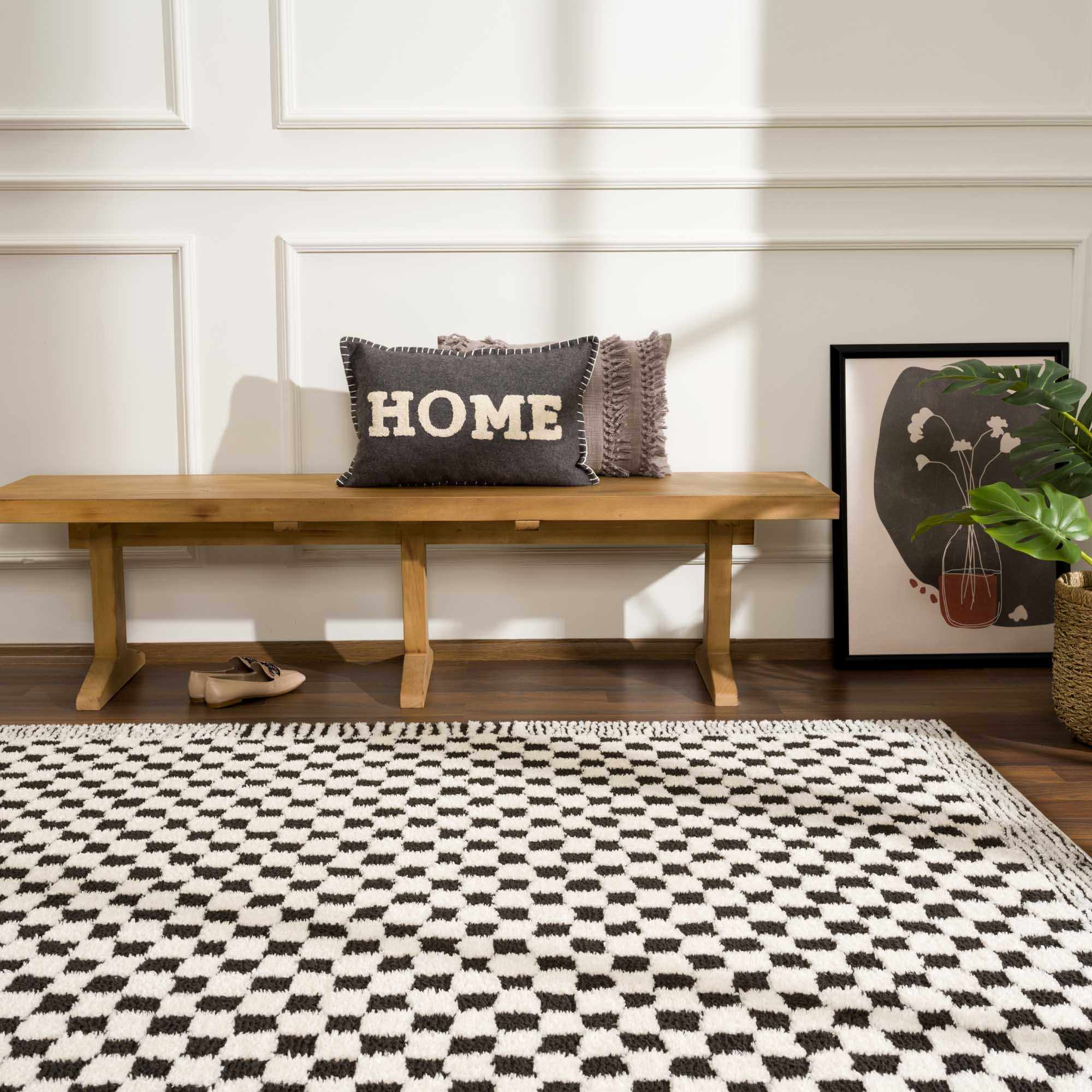 Modern Geometrical Ivory and Black Checkered Plush Pile Moroccan Style Area Rug - Image 17
