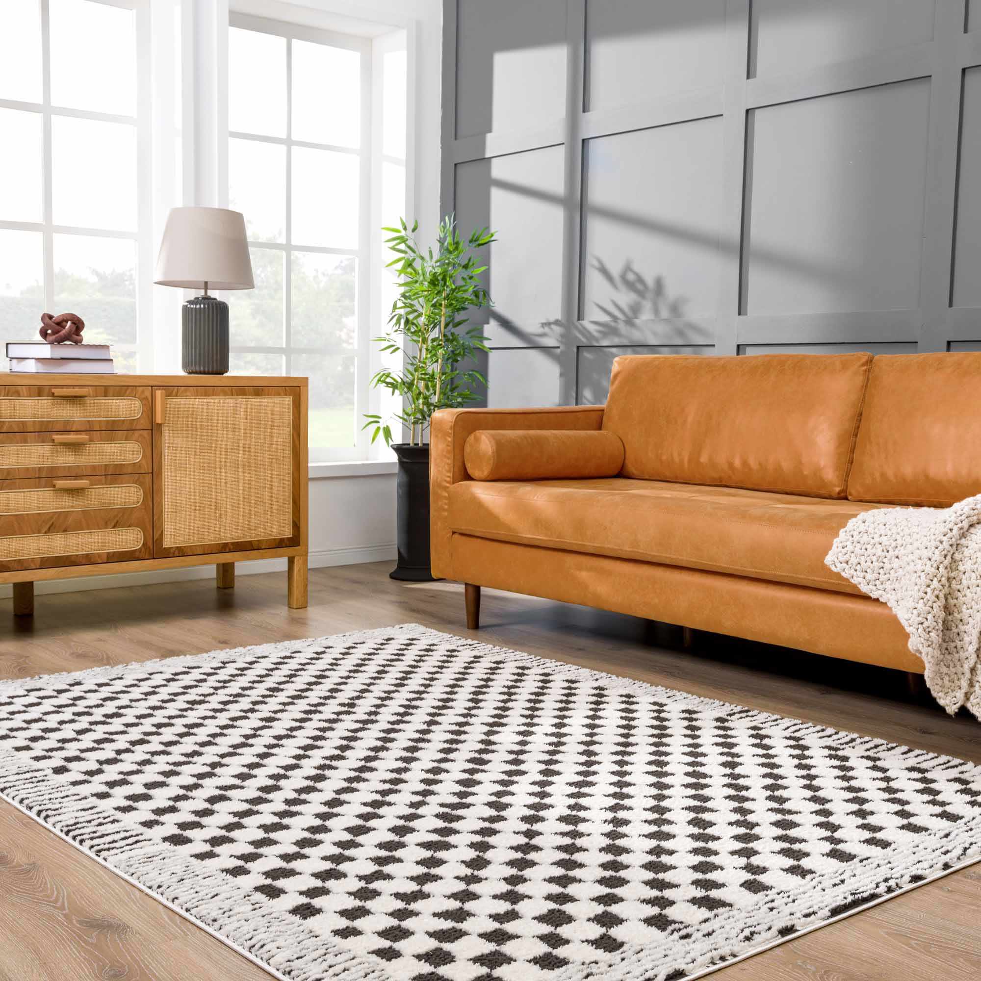 Modern Geometrical Ivory and Black Checkered Plush Pile Moroccan Style Area Rug - Image 2