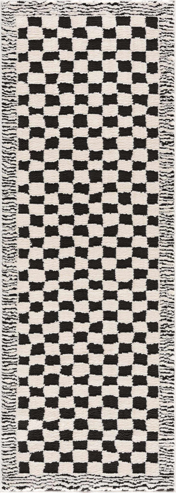 Modern Geometrical Ivory and Black Checkered Plush Pile Moroccan Style Area Rug - Image 4