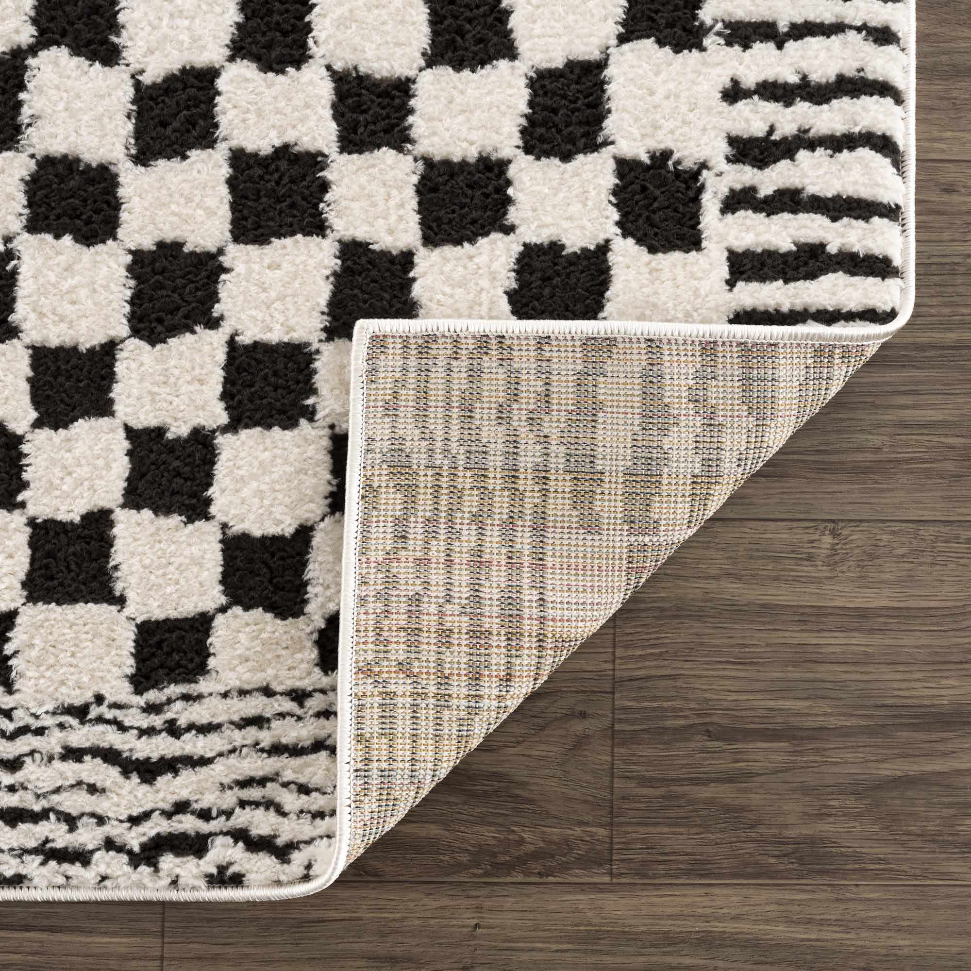 Modern Geometrical Ivory and Black Checkered Plush Pile Moroccan Style Area Rug - Image 5