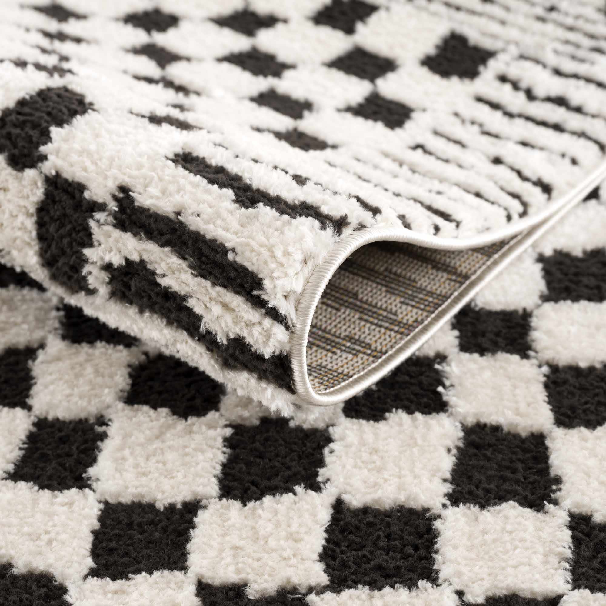 Modern Geometrical Ivory and Black Checkered Plush Pile Moroccan Style Area Rug - Image 6