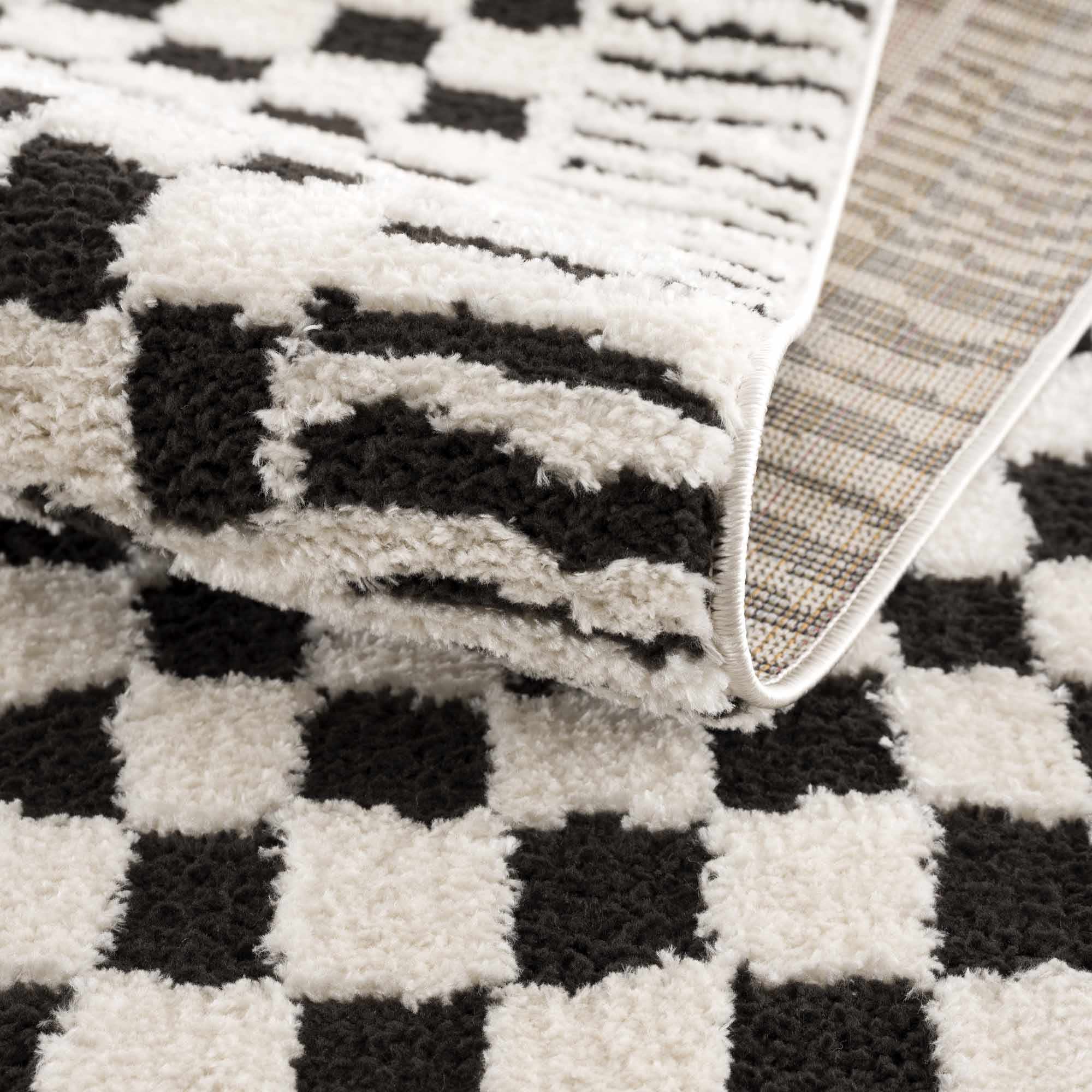 Modern Geometrical Ivory and Black Checkered Plush Pile Moroccan Style Area Rug - Image 7