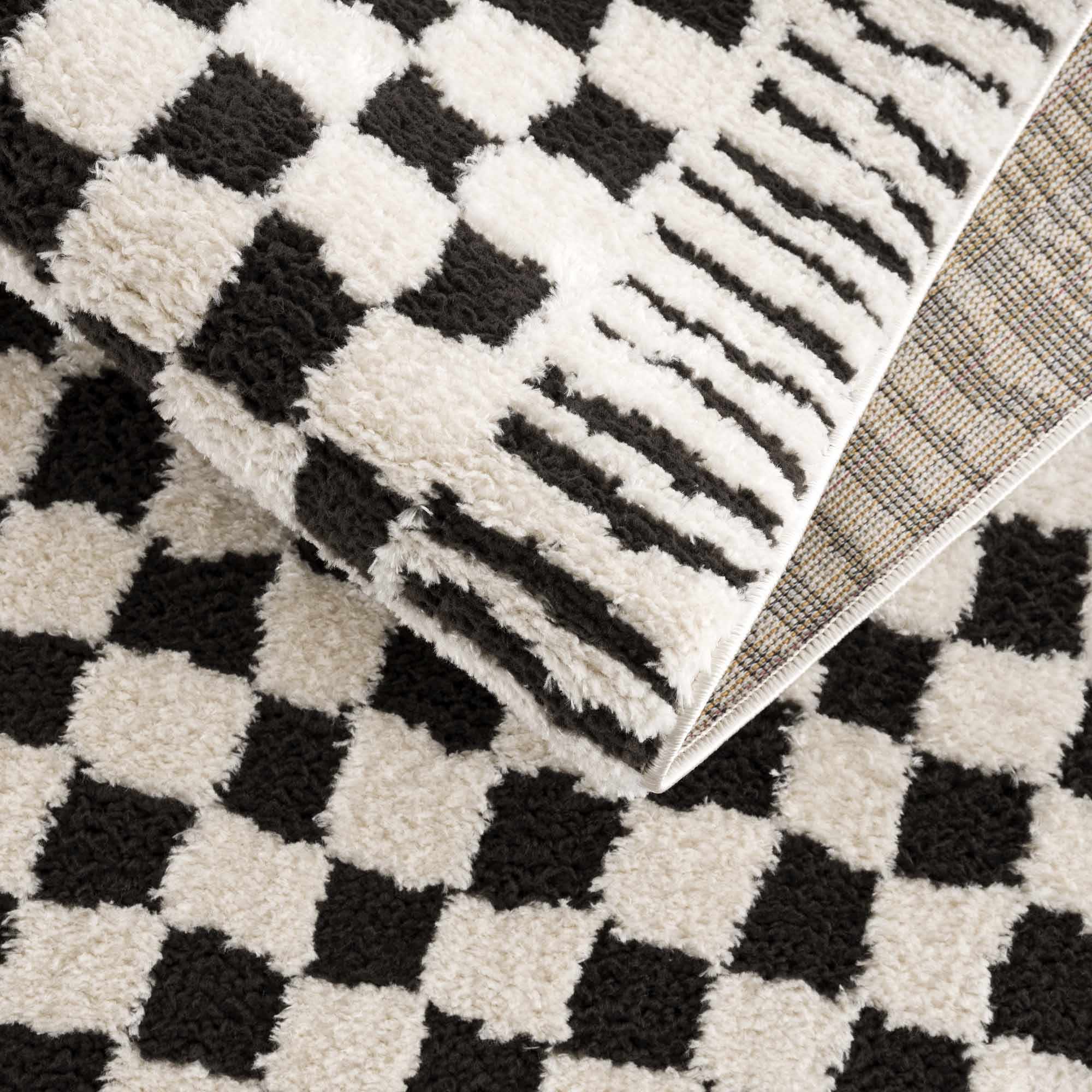 Modern Geometrical Ivory and Black Checkered Plush Pile Moroccan Style Area Rug - Image 8