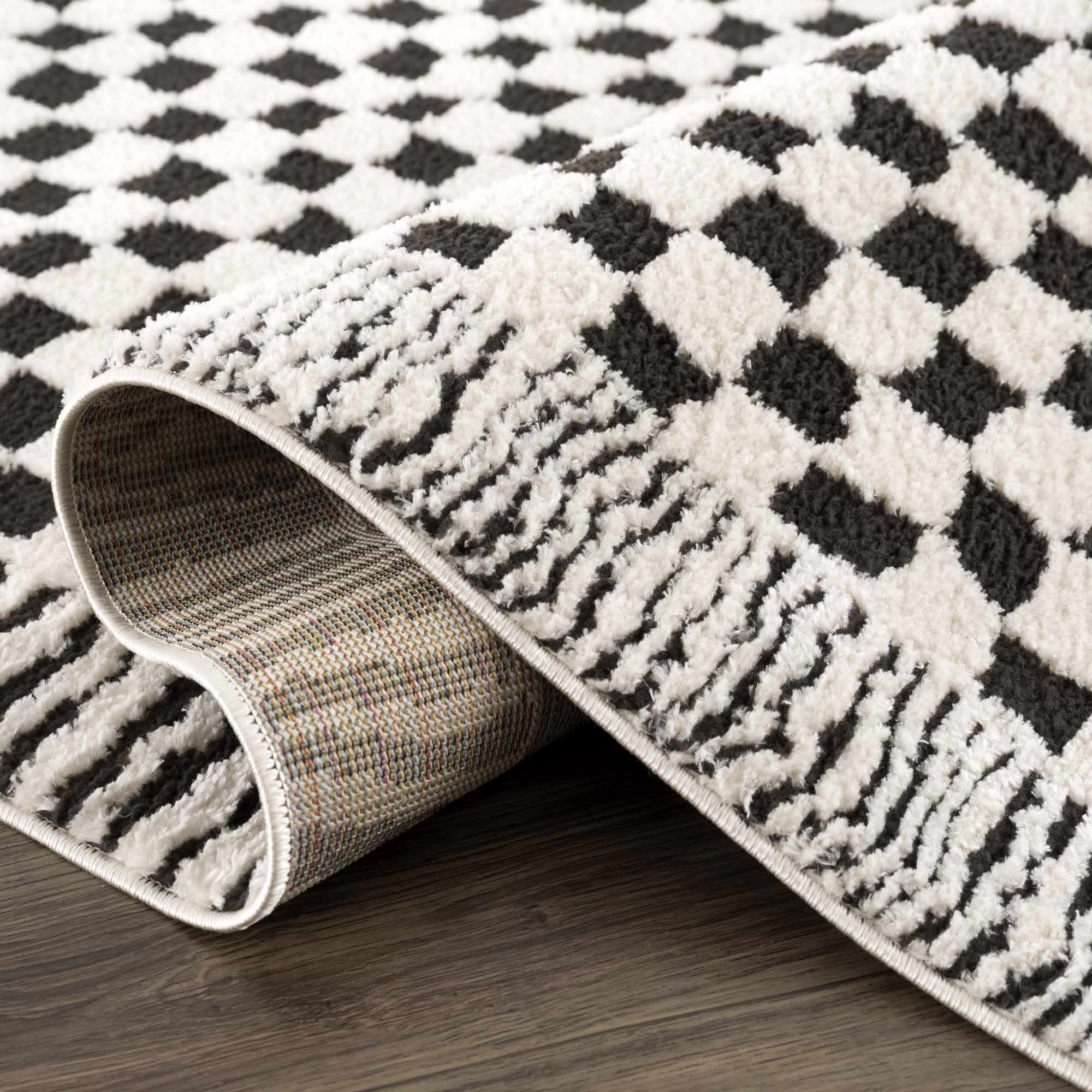 Modern Geometrical Ivory and Black Checkered Plush Pile Moroccan Style Area Rug - Image 9