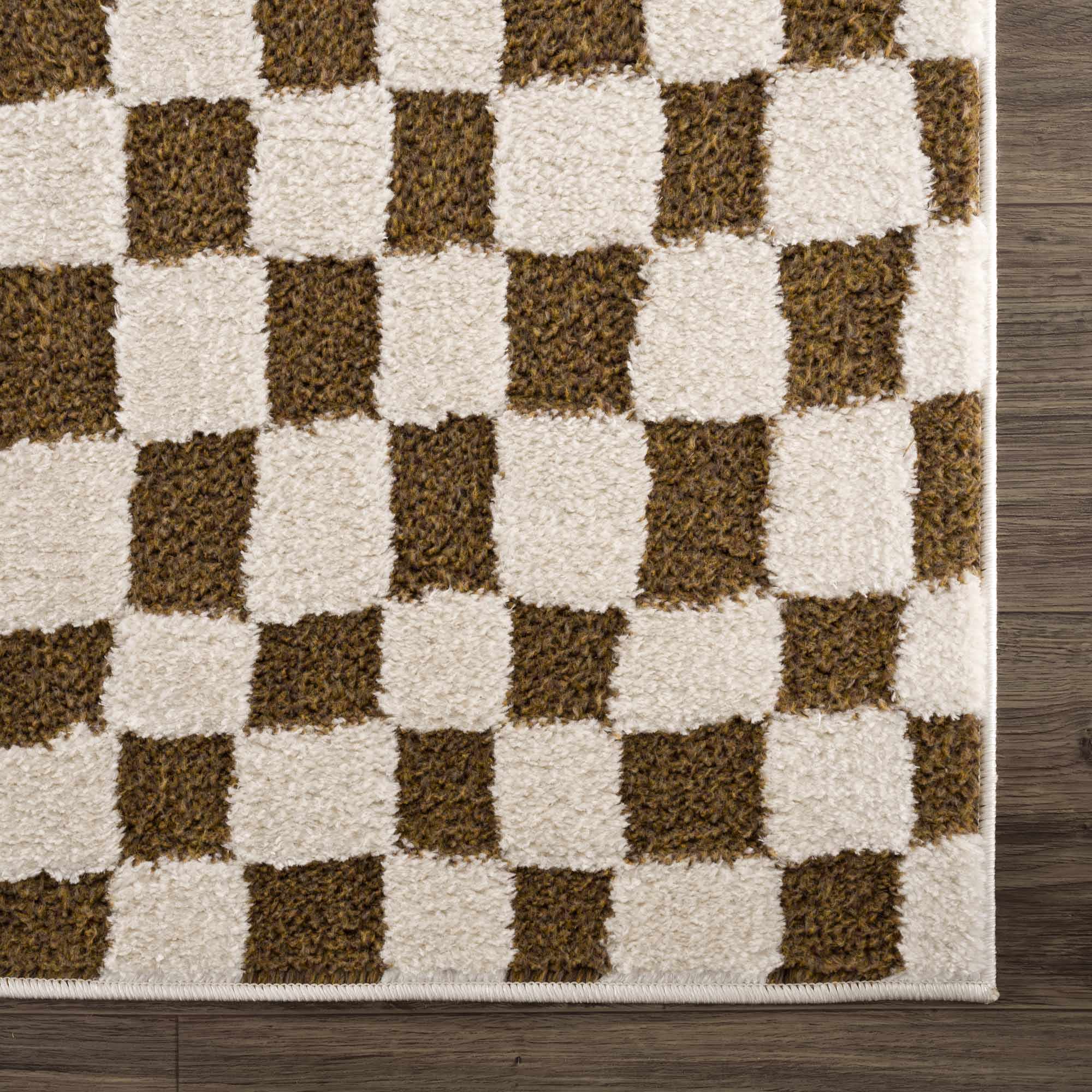 Modern Geometrical Ivory and Olive Checkered Plush Pile Moroccan Style Area Rug - Image 10