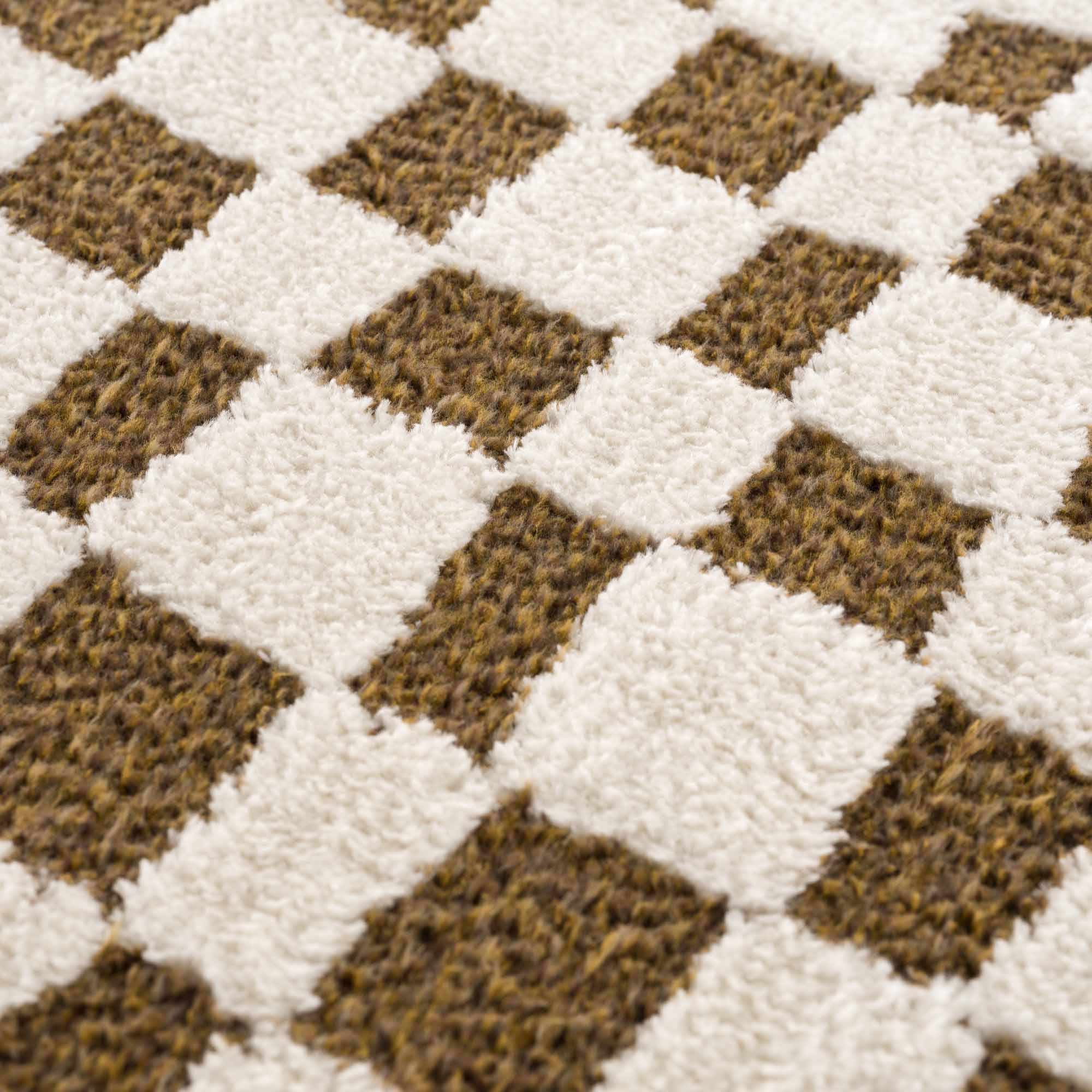 Modern Geometrical Ivory and Olive Checkered Plush Pile Moroccan Style Area Rug - Image 12