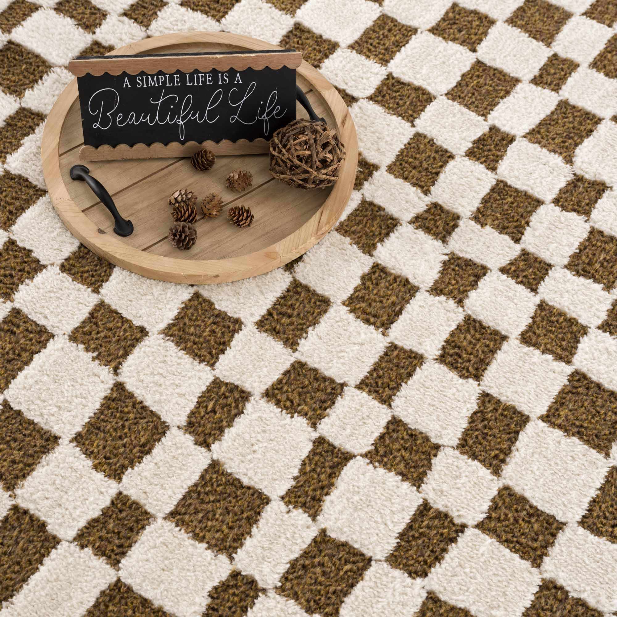 Modern Geometrical Ivory and Olive Checkered Plush Pile Moroccan Style Area Rug - Image 13
