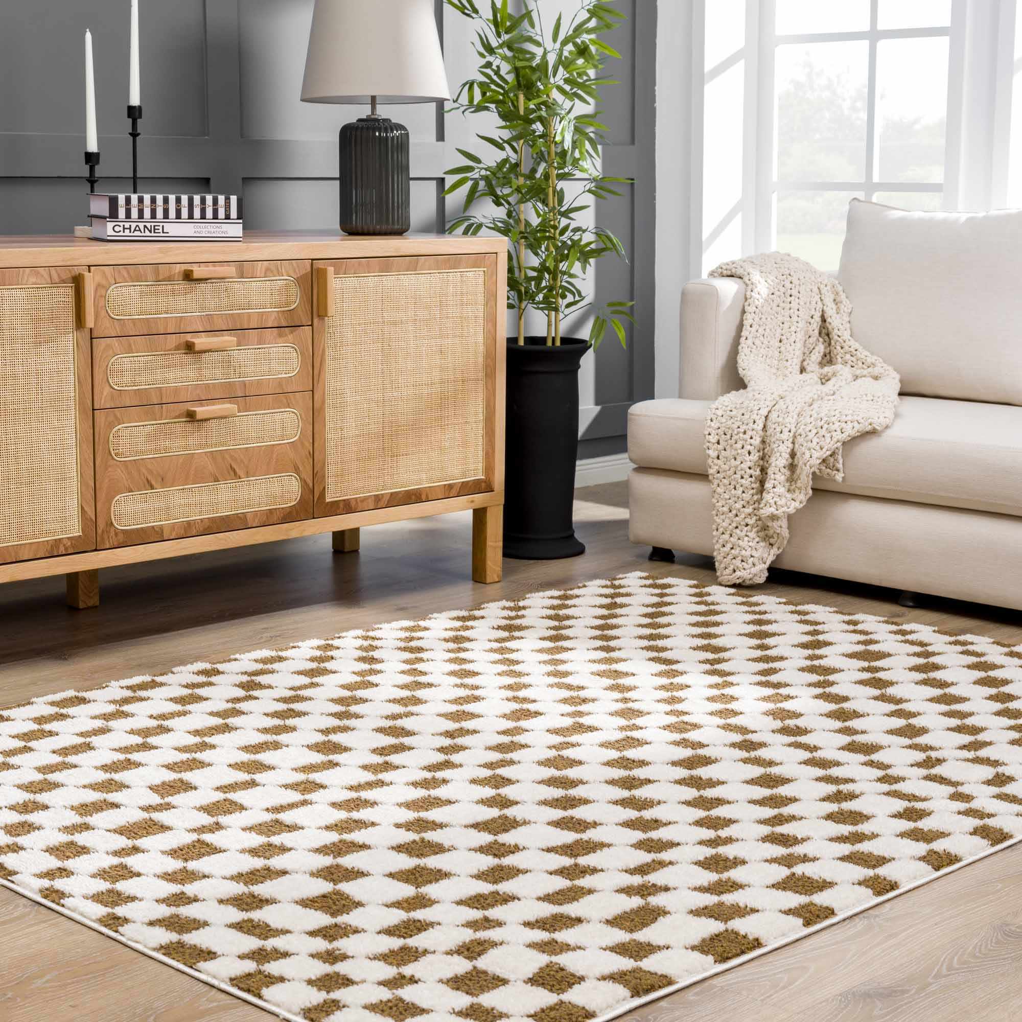 Modern Geometrical Ivory and Olive Checkered Plush Pile Moroccan Style Area Rug - Image 14