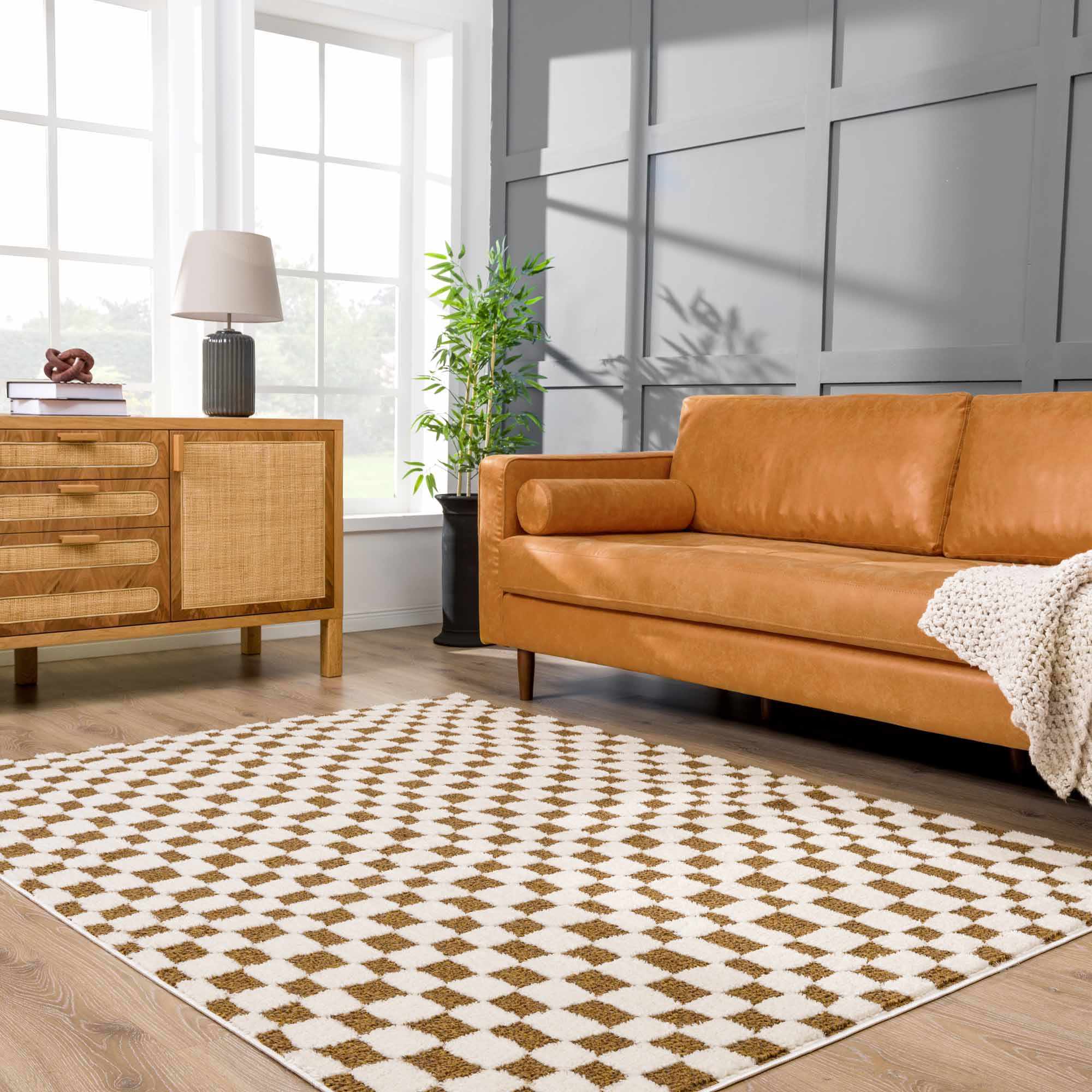 Modern Geometrical Ivory and Olive Checkered Plush Pile Moroccan Style Area Rug - Image 15