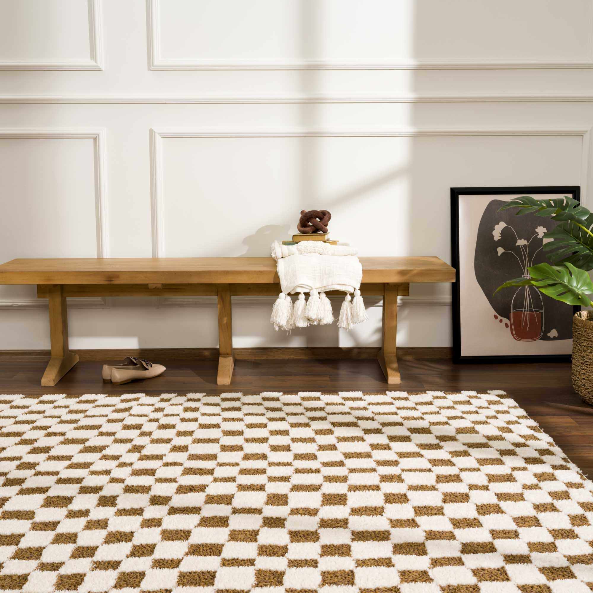 Modern Geometrical Ivory and Olive Checkered Plush Pile Moroccan Style Area Rug - Image 16