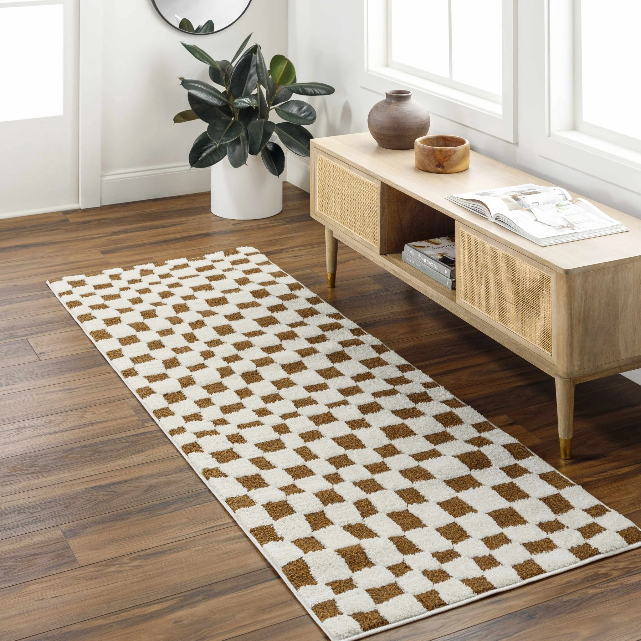 Modern Geometrical Ivory and Olive Checkered Plush Pile Moroccan Style Area Rug - Image 17