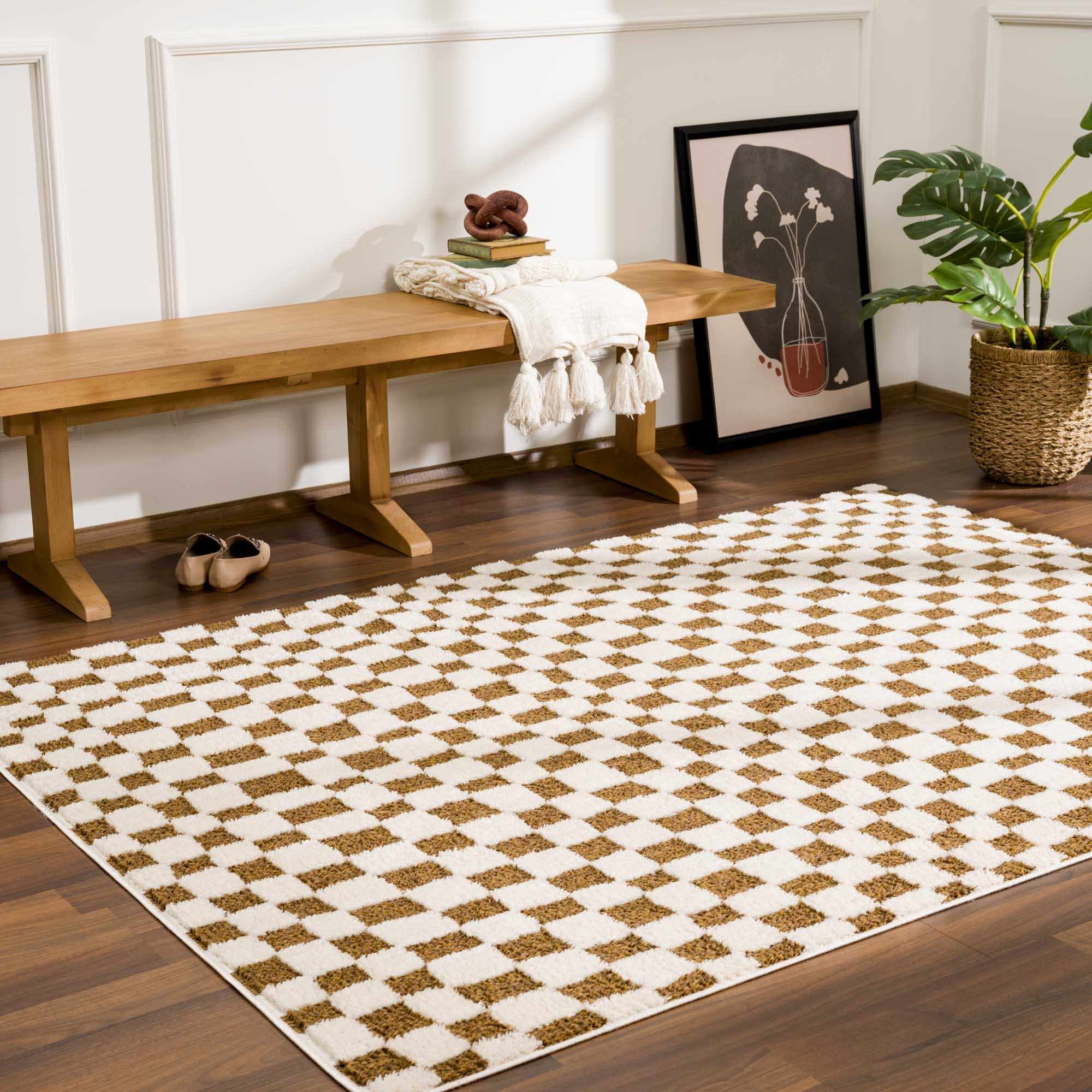 Modern Geometrical Ivory and Olive Checkered Plush Pile Moroccan Style Area Rug - Image 2
