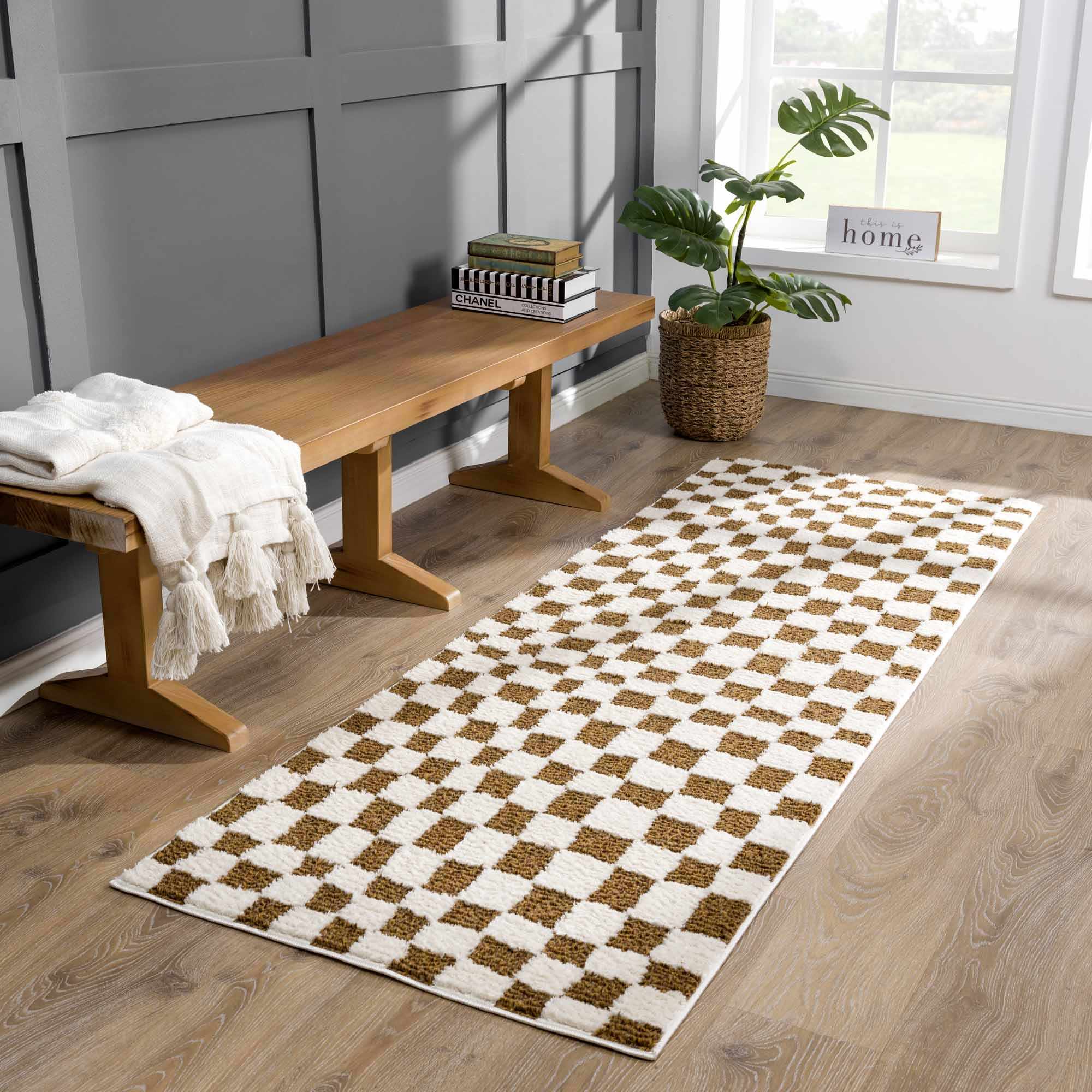 Modern Geometrical Ivory and Olive Checkered Plush Pile Moroccan Style Area Rug - Image 3