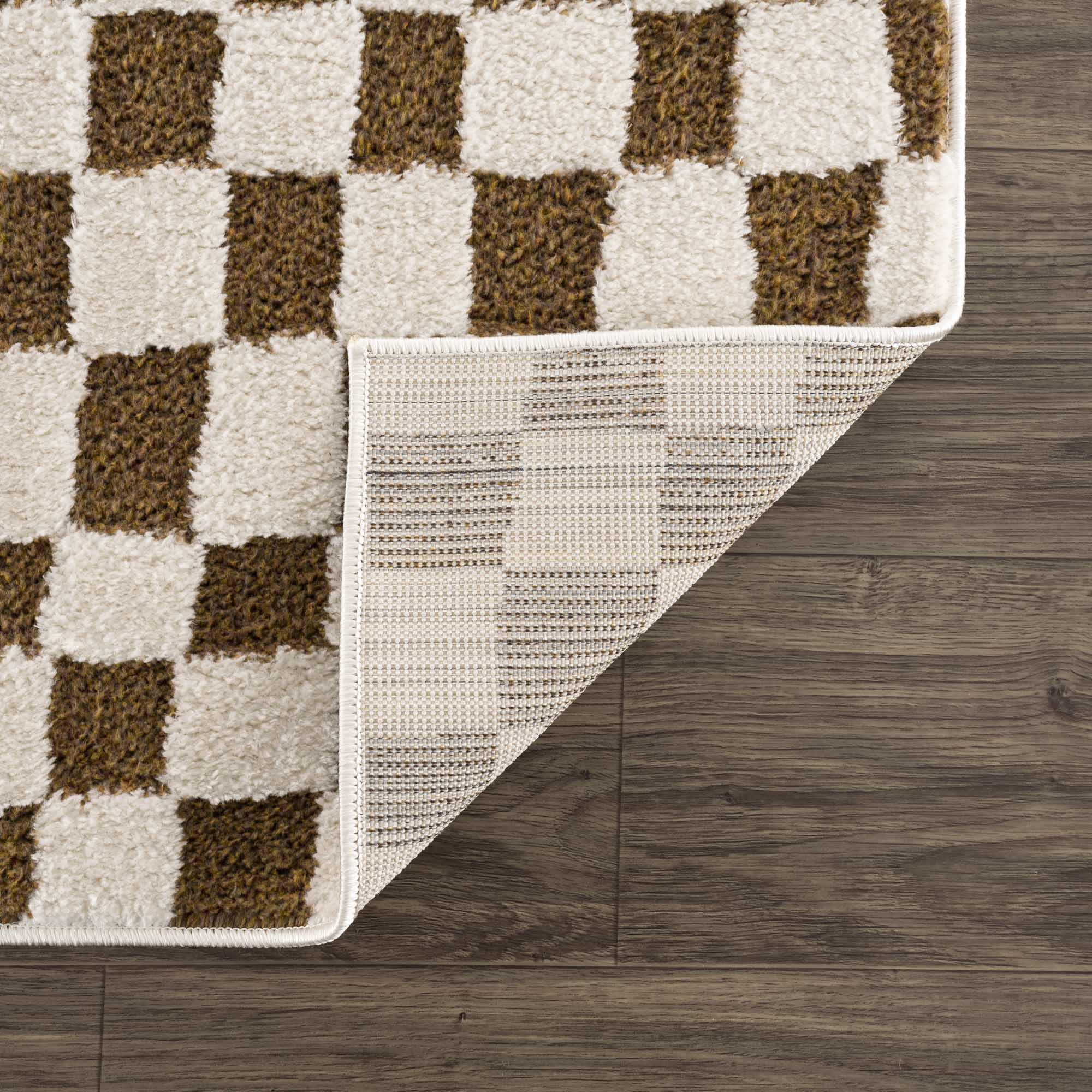 Modern Geometrical Ivory and Olive Checkered Plush Pile Moroccan Style Area Rug - Image 5