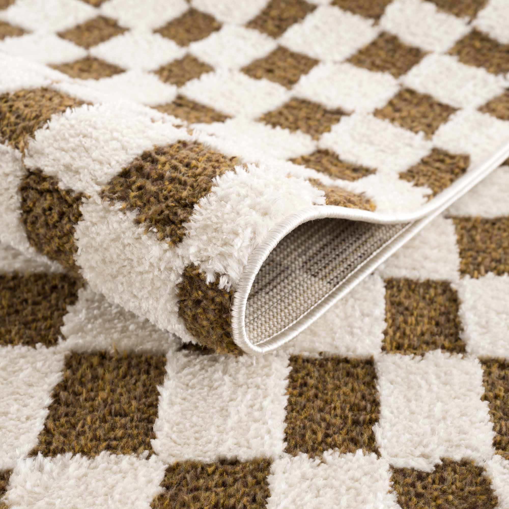 Modern Geometrical Ivory and Olive Checkered Plush Pile Moroccan Style Area Rug - Image 6