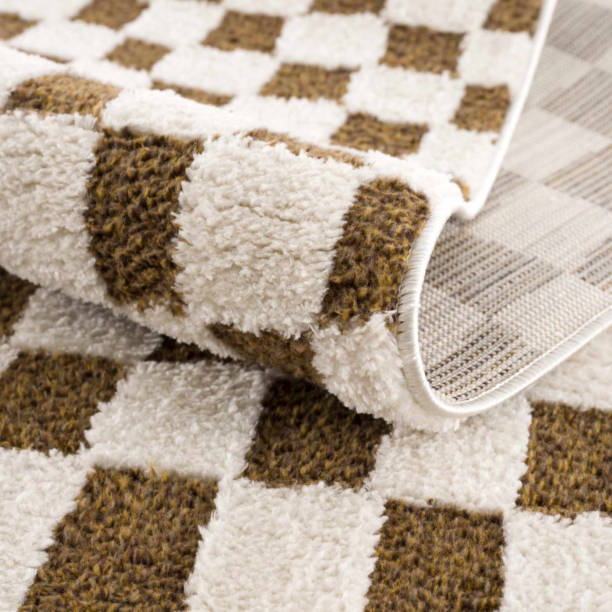 Modern Geometrical Ivory and Olive Checkered Plush Pile Moroccan Style Area Rug - Image 7