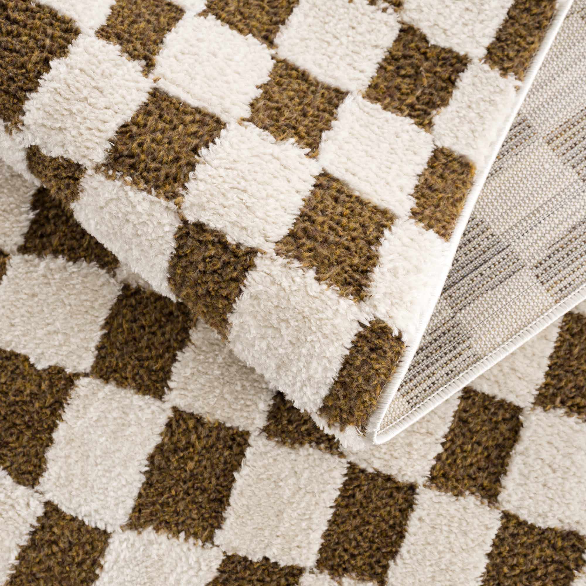 Modern Geometrical Ivory and Olive Checkered Plush Pile Moroccan Style Area Rug - Image 8