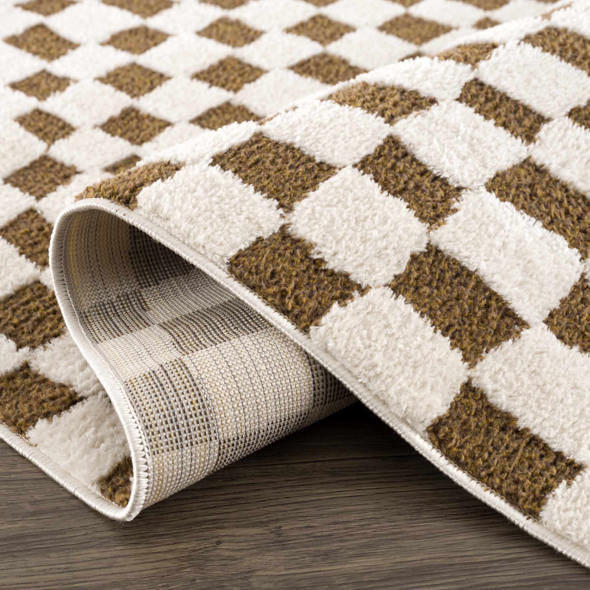 Modern Geometrical Ivory and Olive Checkered Plush Pile Moroccan Style Area Rug - Image 9