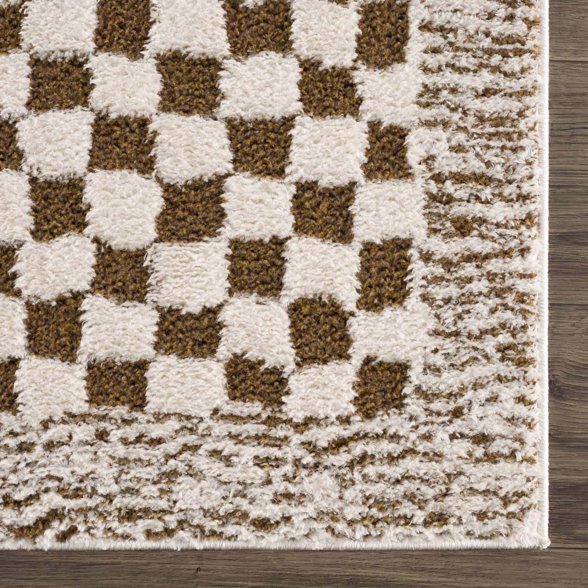 Modern Geometrical Ivory and Olive Checkered Plush Pile Moroccan Style Area Rug - Image 10