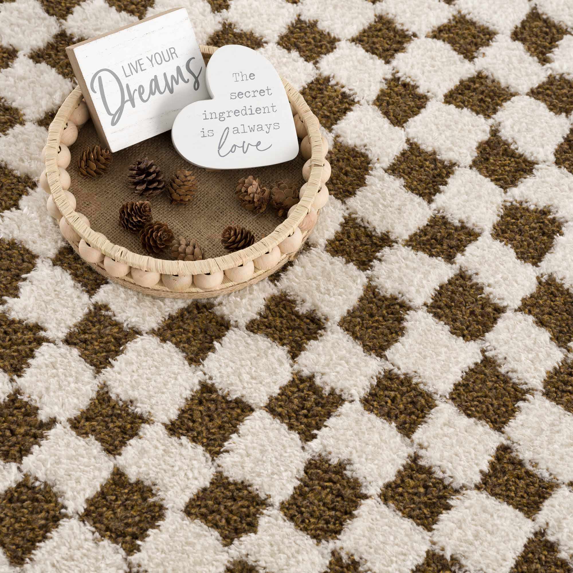Modern Geometrical Ivory and Olive Checkered Plush Pile Moroccan Style Area Rug - Image 13