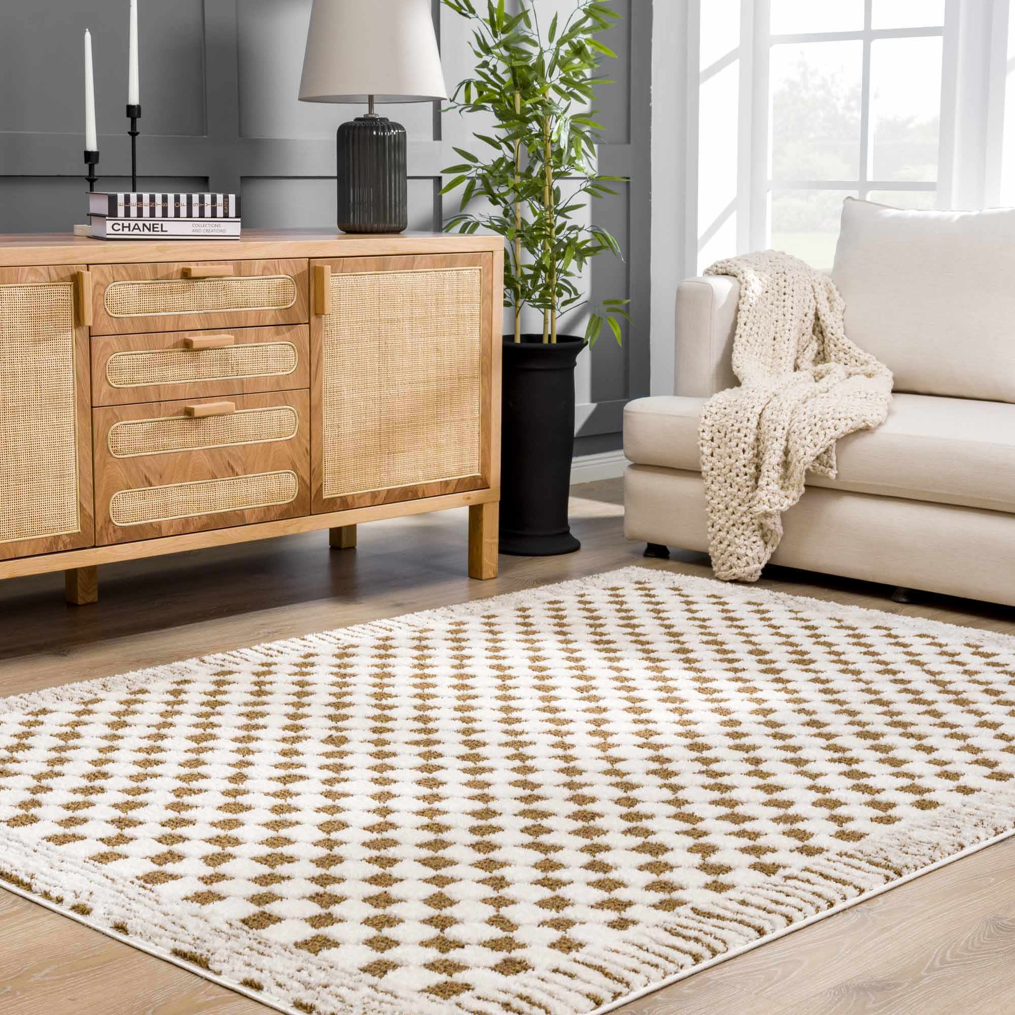 Modern Geometrical Ivory and Olive Checkered Plush Pile Moroccan Style Area Rug - Image 14
