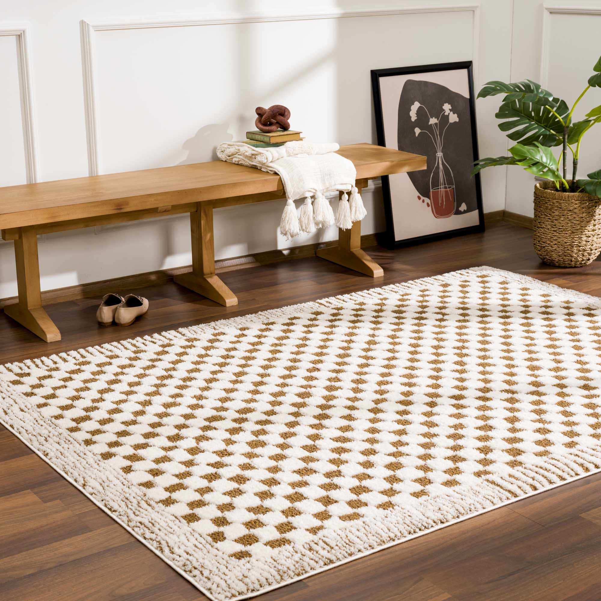 Modern Geometrical Ivory and Olive Checkered Plush Pile Moroccan Style Area Rug - Image 15