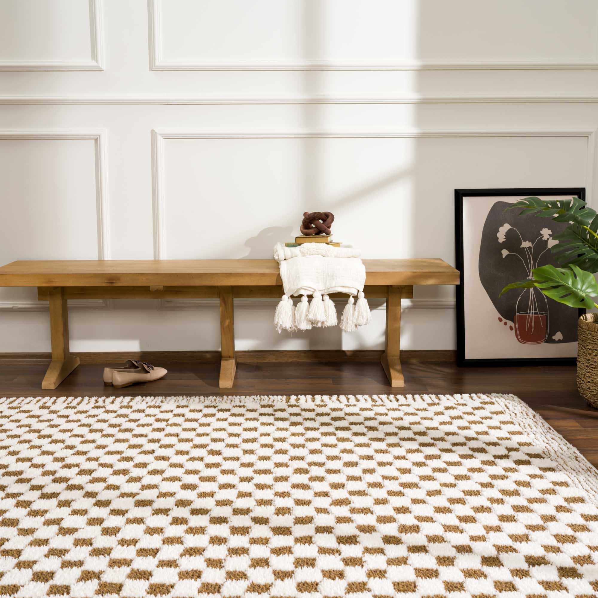 Modern Geometrical Ivory and Olive Checkered Plush Pile Moroccan Style Area Rug - Image 16