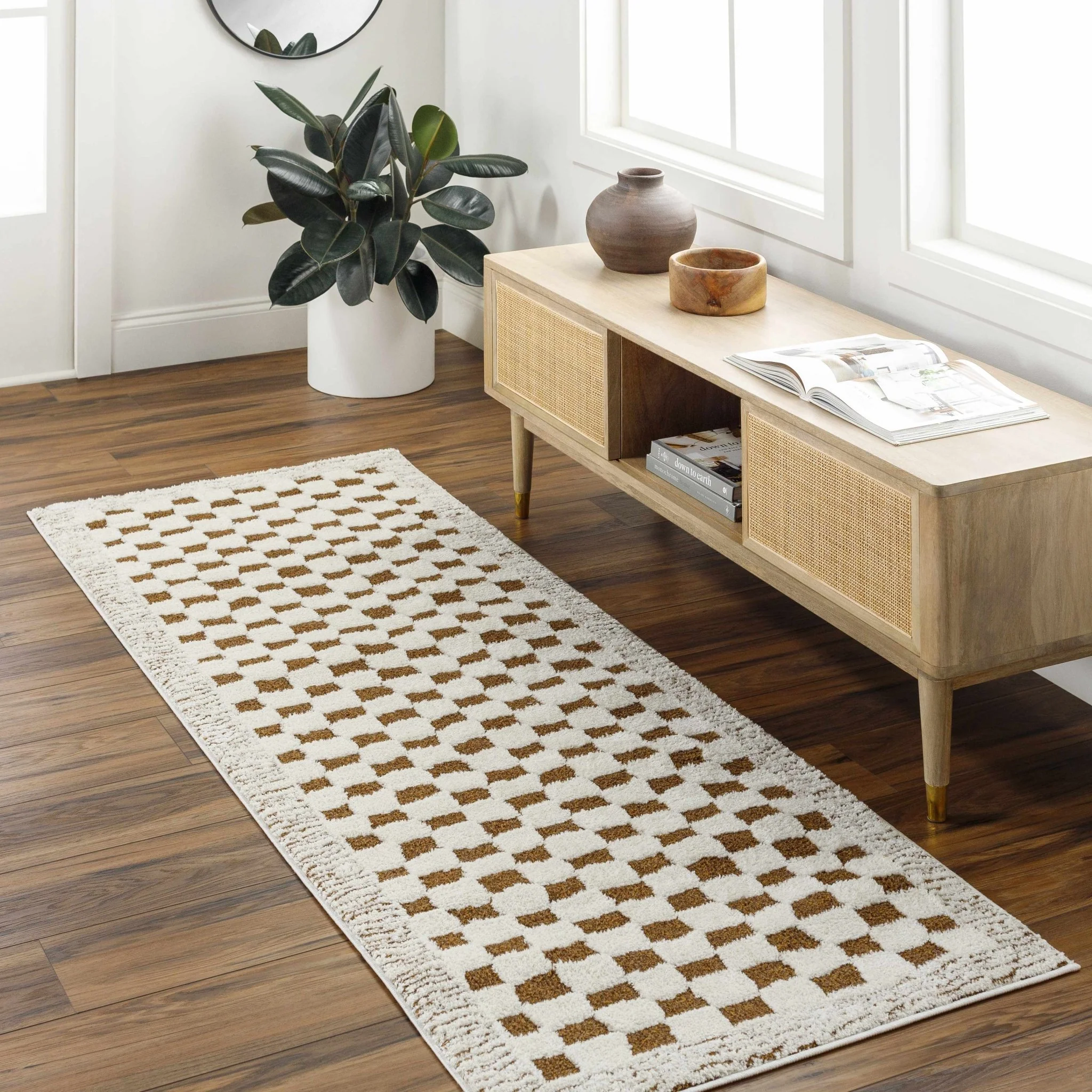 Modern Geometrical Ivory and Olive Checkered Plush Pile Moroccan Style Area Rug - Image 17