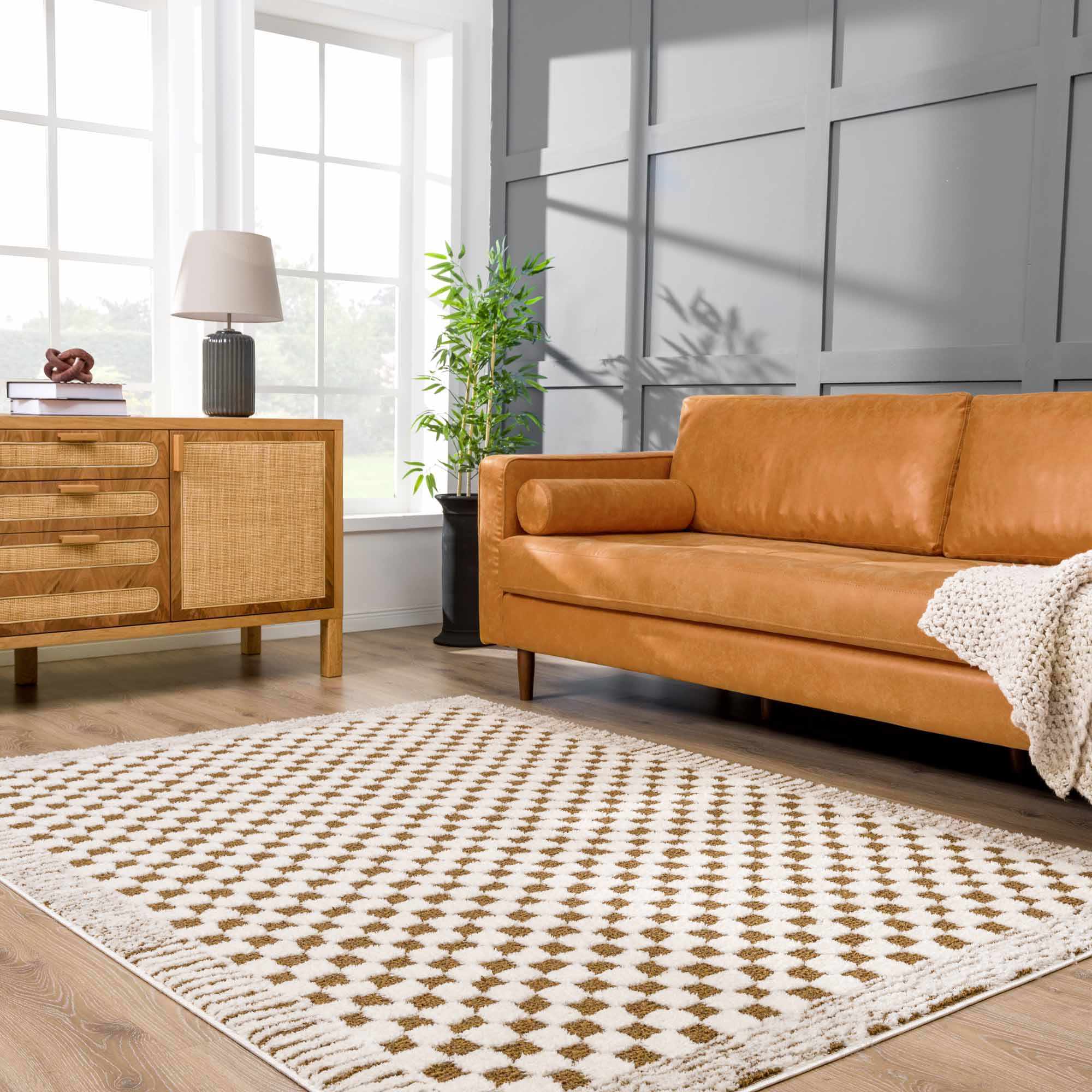 Modern Geometrical Ivory and Olive Checkered Plush Pile Moroccan Style Area Rug - Image 2