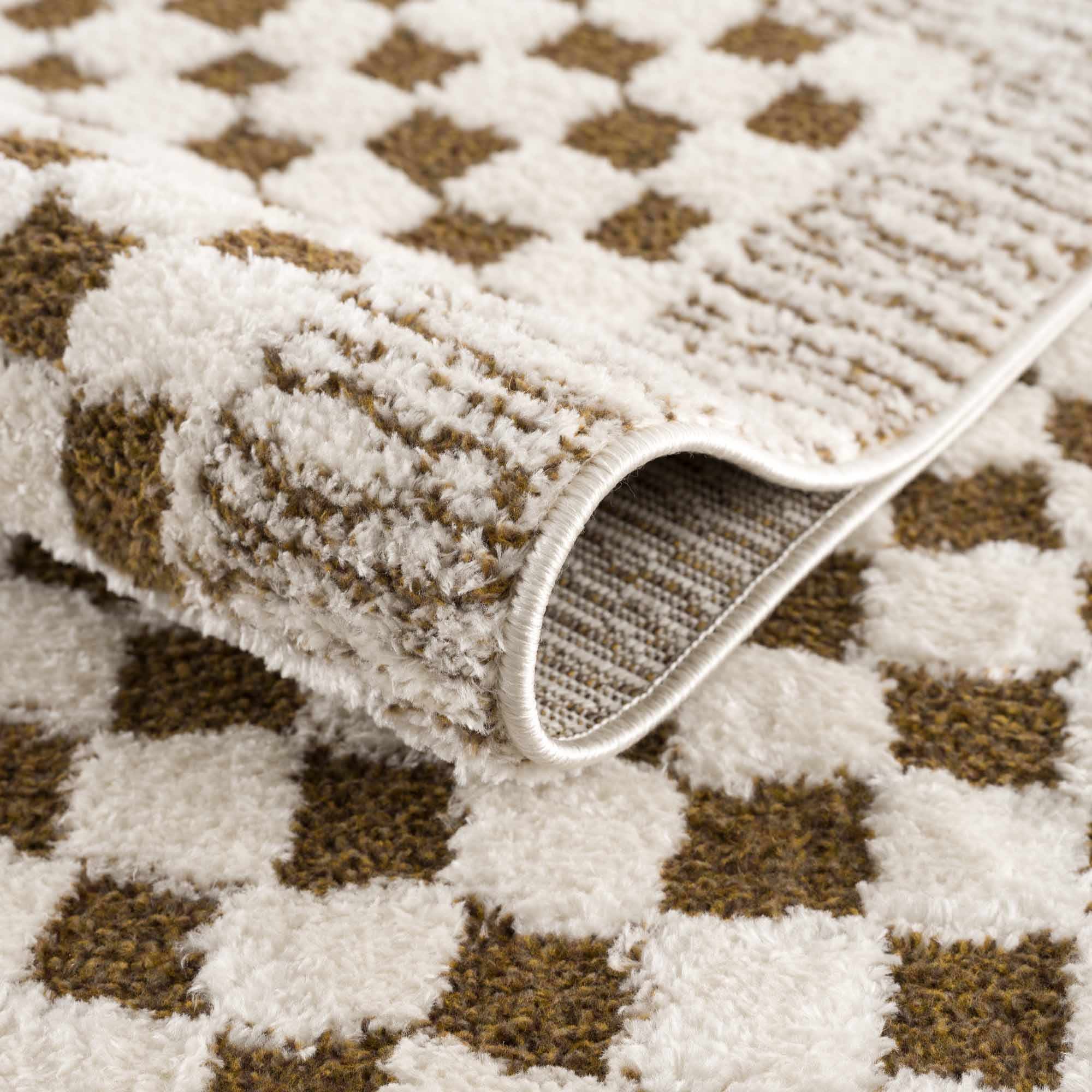 Modern Geometrical Ivory and Olive Checkered Plush Pile Moroccan Style Area Rug - Image 3