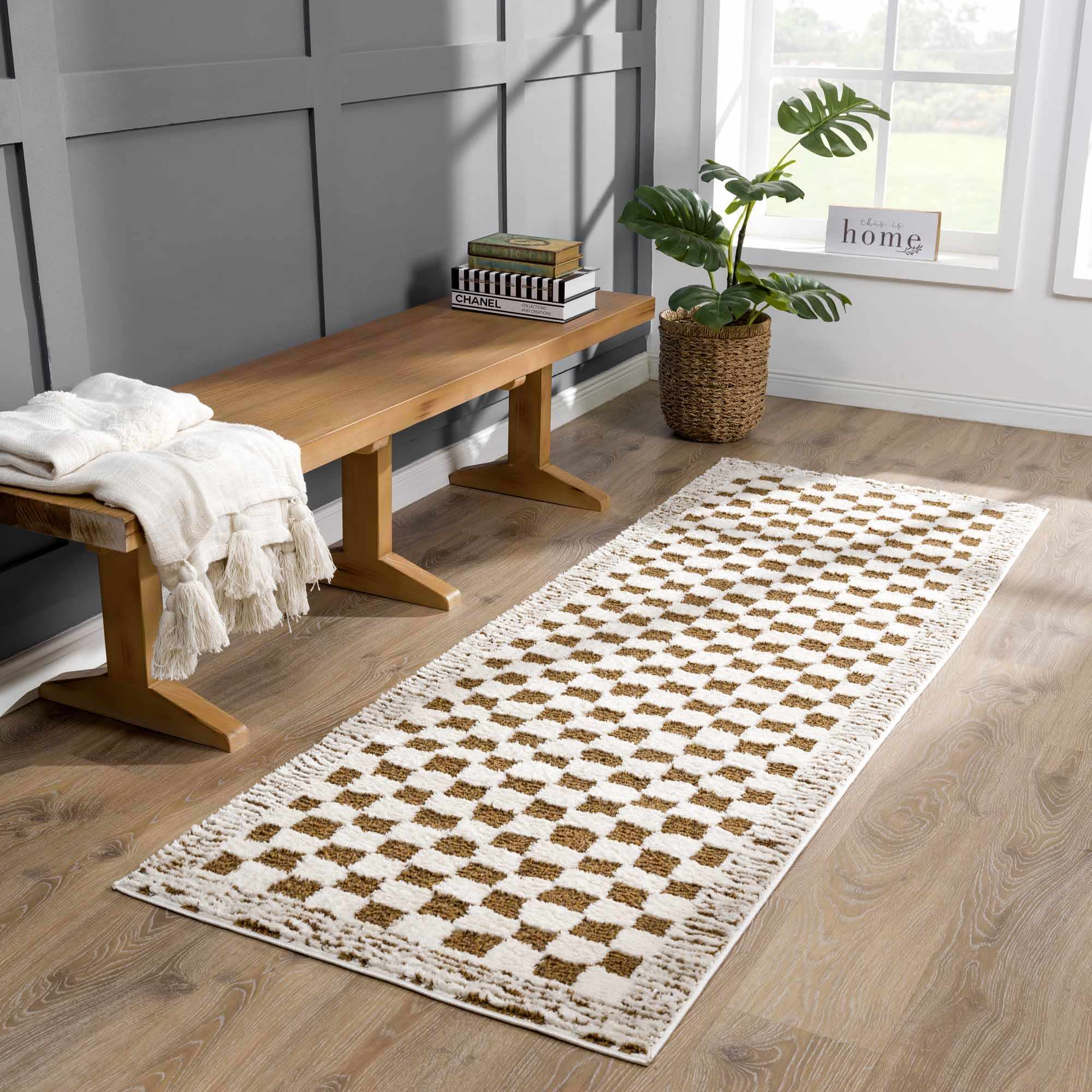 Modern Geometrical Ivory and Olive Checkered Plush Pile Moroccan Style Area Rug - Image 4