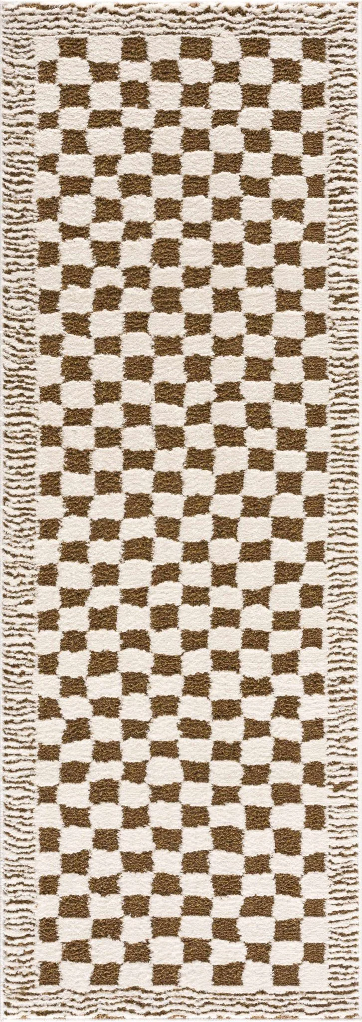 Modern Geometrical Ivory and Olive Checkered Plush Pile Moroccan Style Area Rug - Image 5