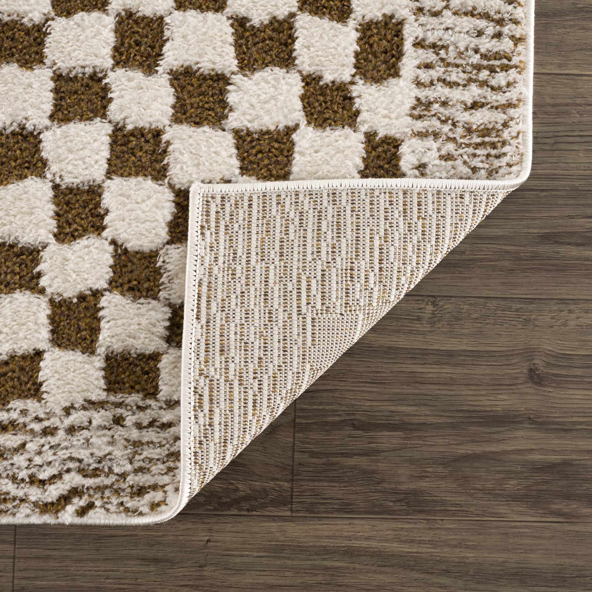 Modern Geometrical Ivory and Olive Checkered Plush Pile Moroccan Style Area Rug - Image 6