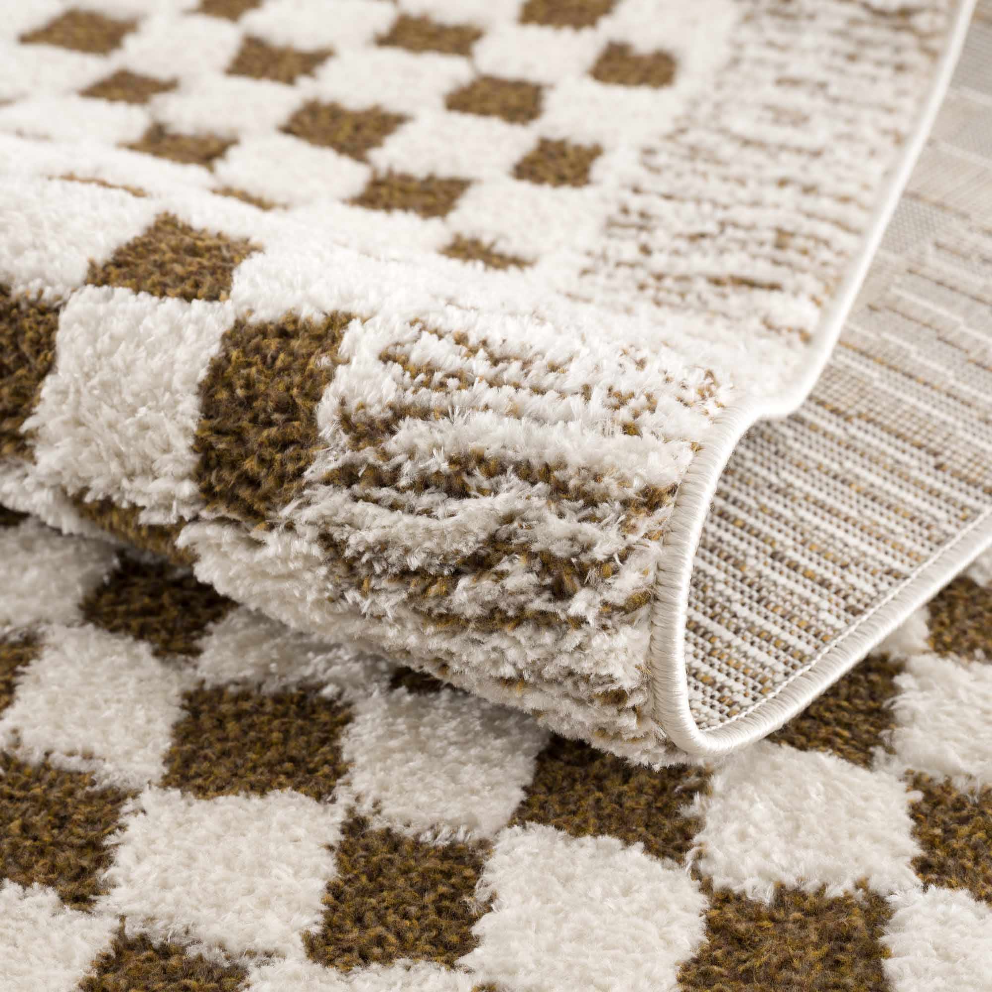 Modern Geometrical Ivory and Olive Checkered Plush Pile Moroccan Style Area Rug - Image 7