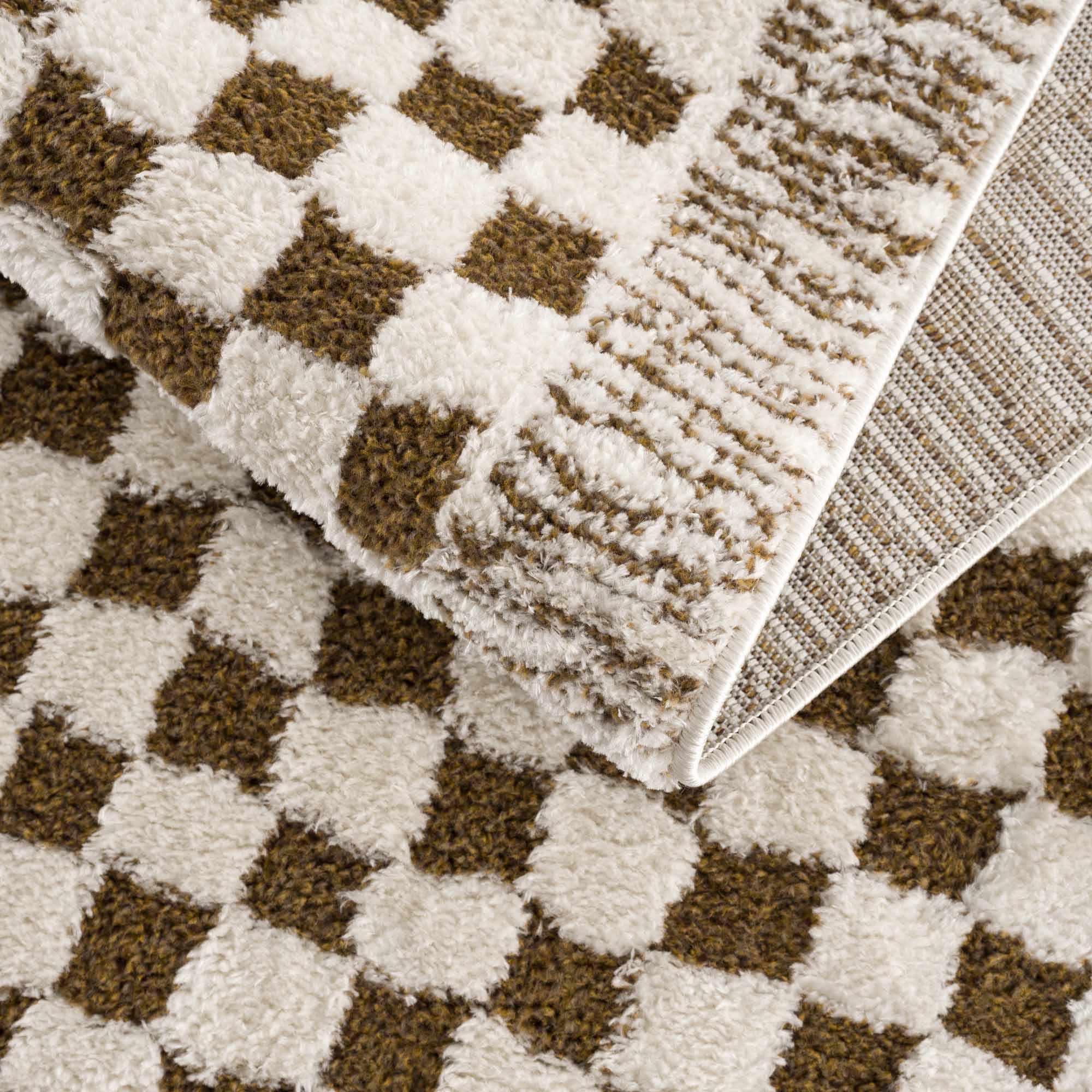 Modern Geometrical Ivory and Olive Checkered Plush Pile Moroccan Style Area Rug - Image 8