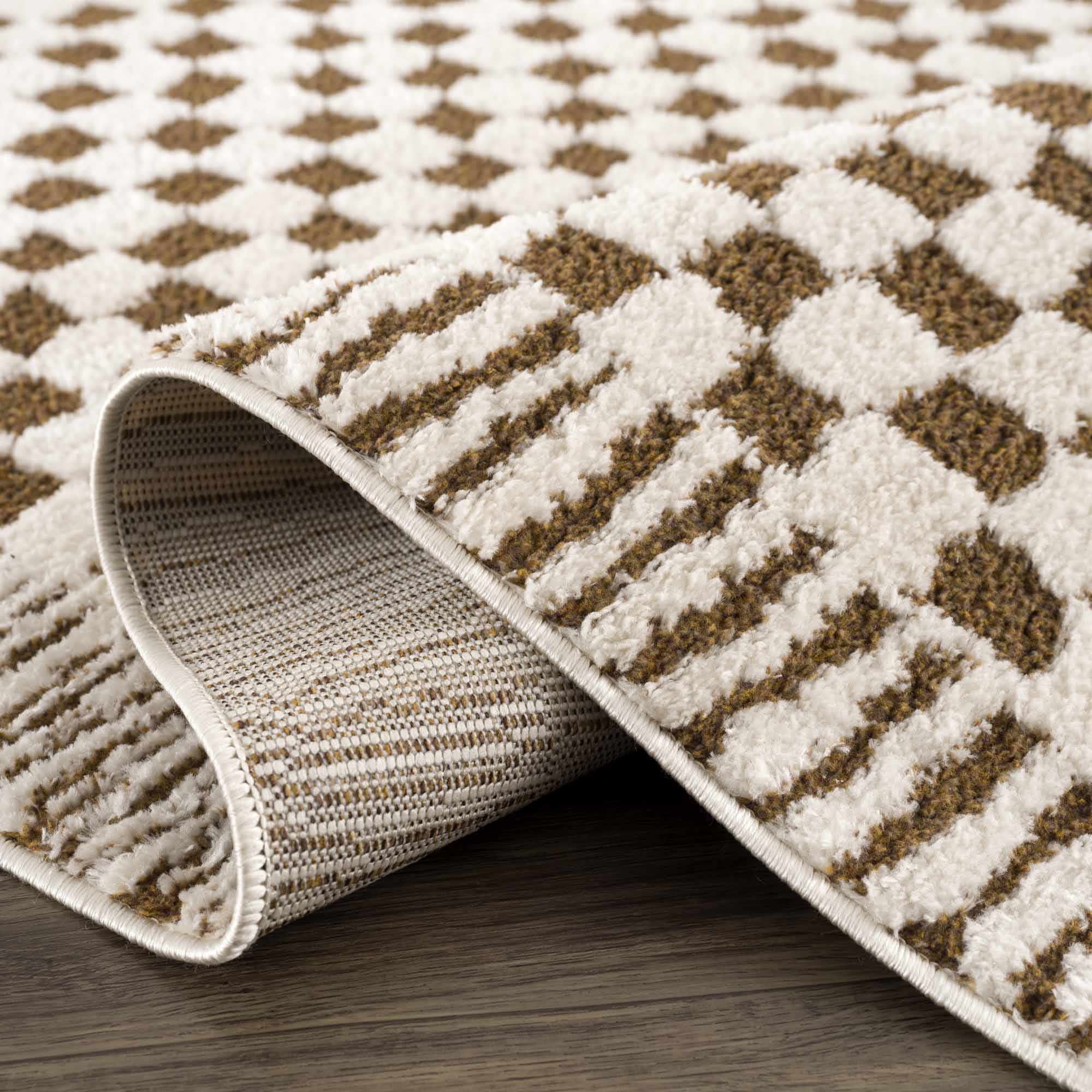 Modern Geometrical Ivory and Olive Checkered Plush Pile Moroccan Style Area Rug - Image 9