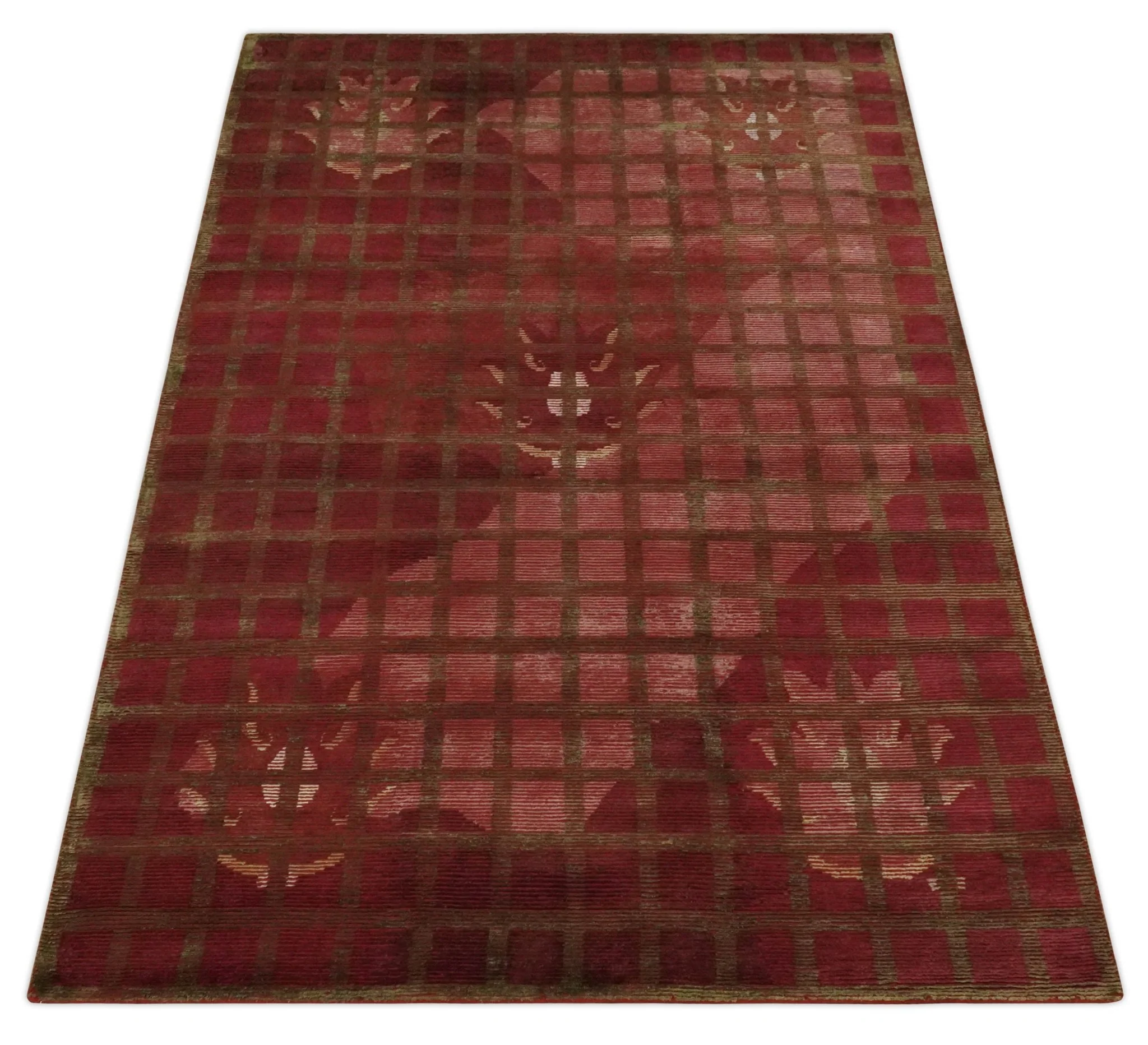 Modern Geometrical Maroon, Green and Ivory Hand knotted 5x8 wool and Art Silk Area Rug - Image 10