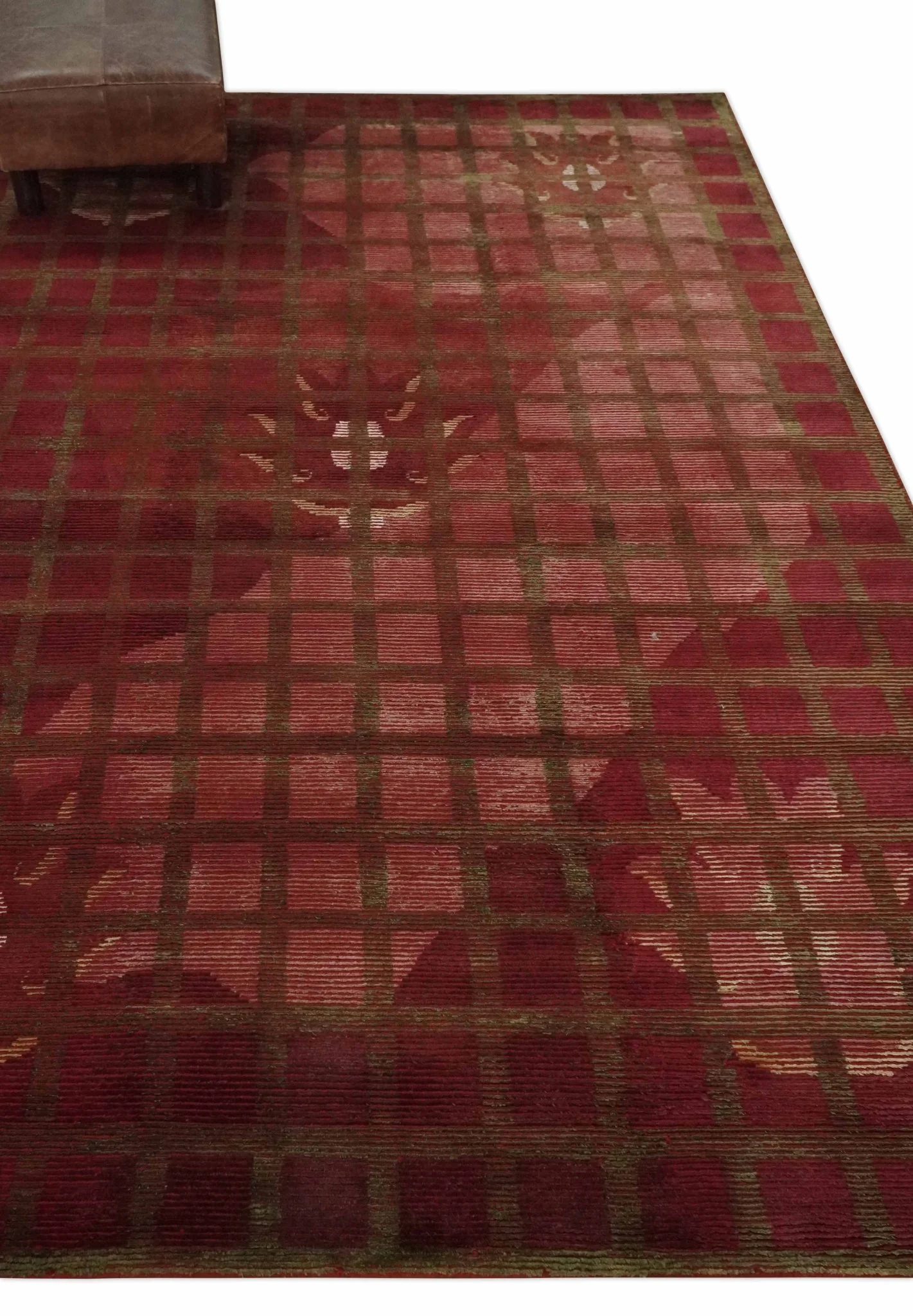 Modern Geometrical Maroon, Green and Ivory Hand knotted 5x8 wool and Art Silk Area Rug - Image 3