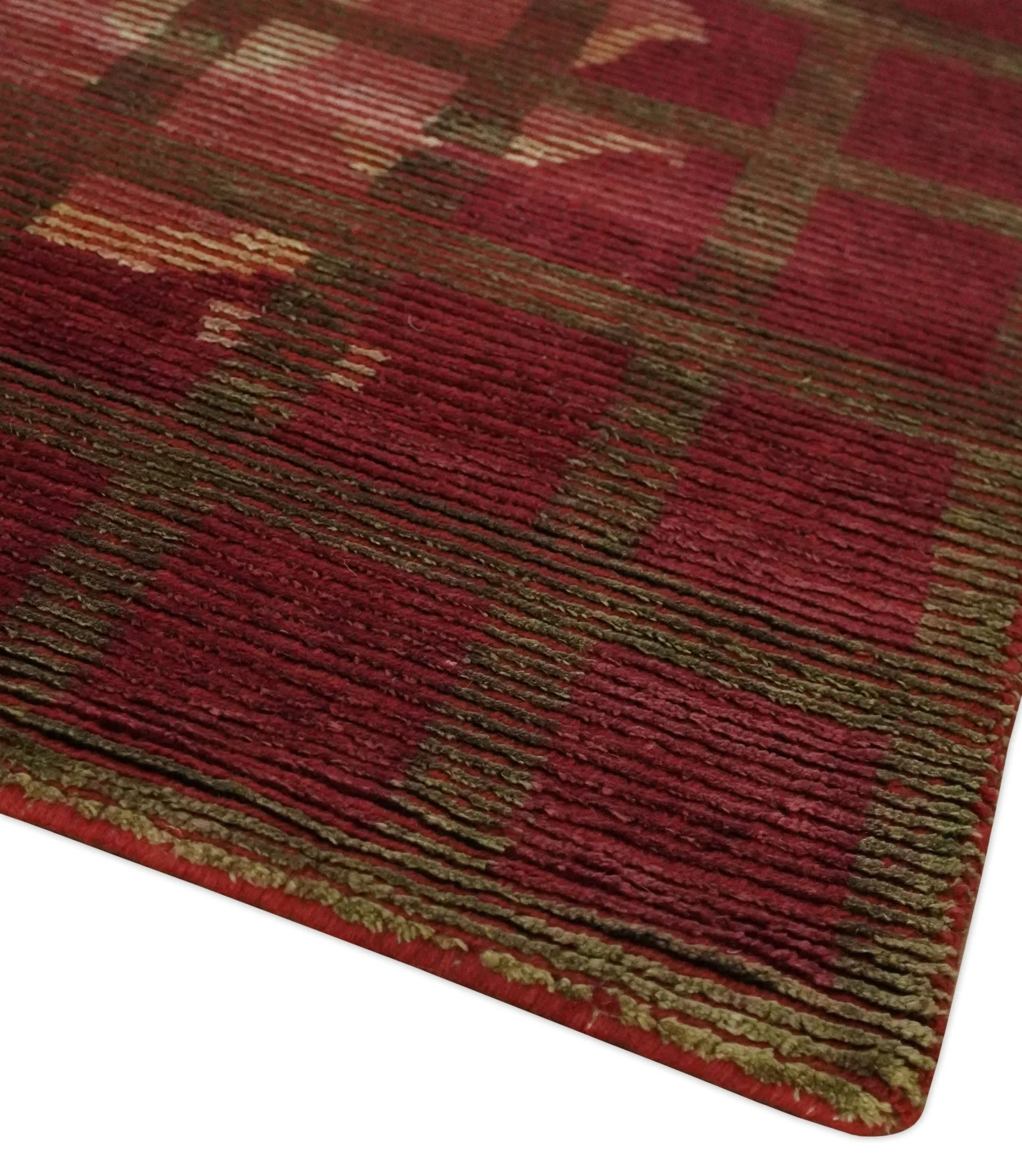 Modern Geometrical Maroon, Green and Ivory Hand knotted 5x8 wool and Art Silk Area Rug - Image 5