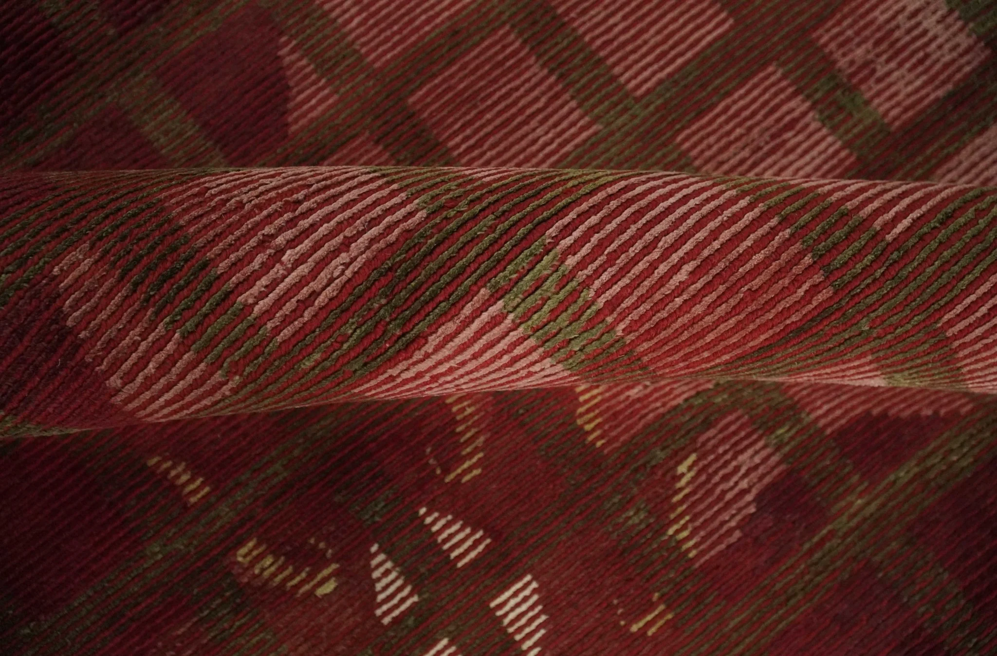 Modern Geometrical Maroon, Green and Ivory Hand knotted 5x8 wool and Art Silk Area Rug - Image 6