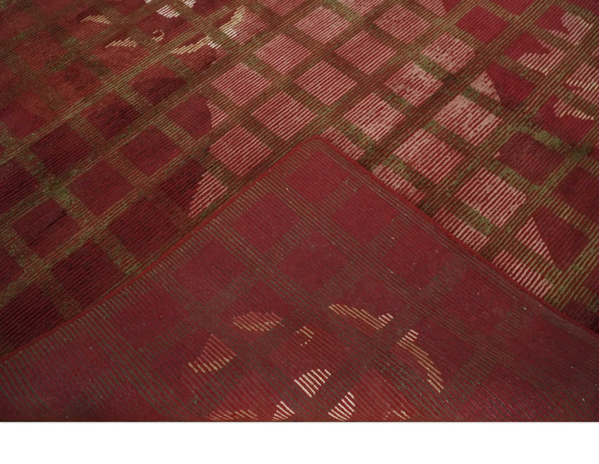 Modern Geometrical Maroon, Green and Ivory Hand knotted 5x8 wool and Art Silk Area Rug - Image 8