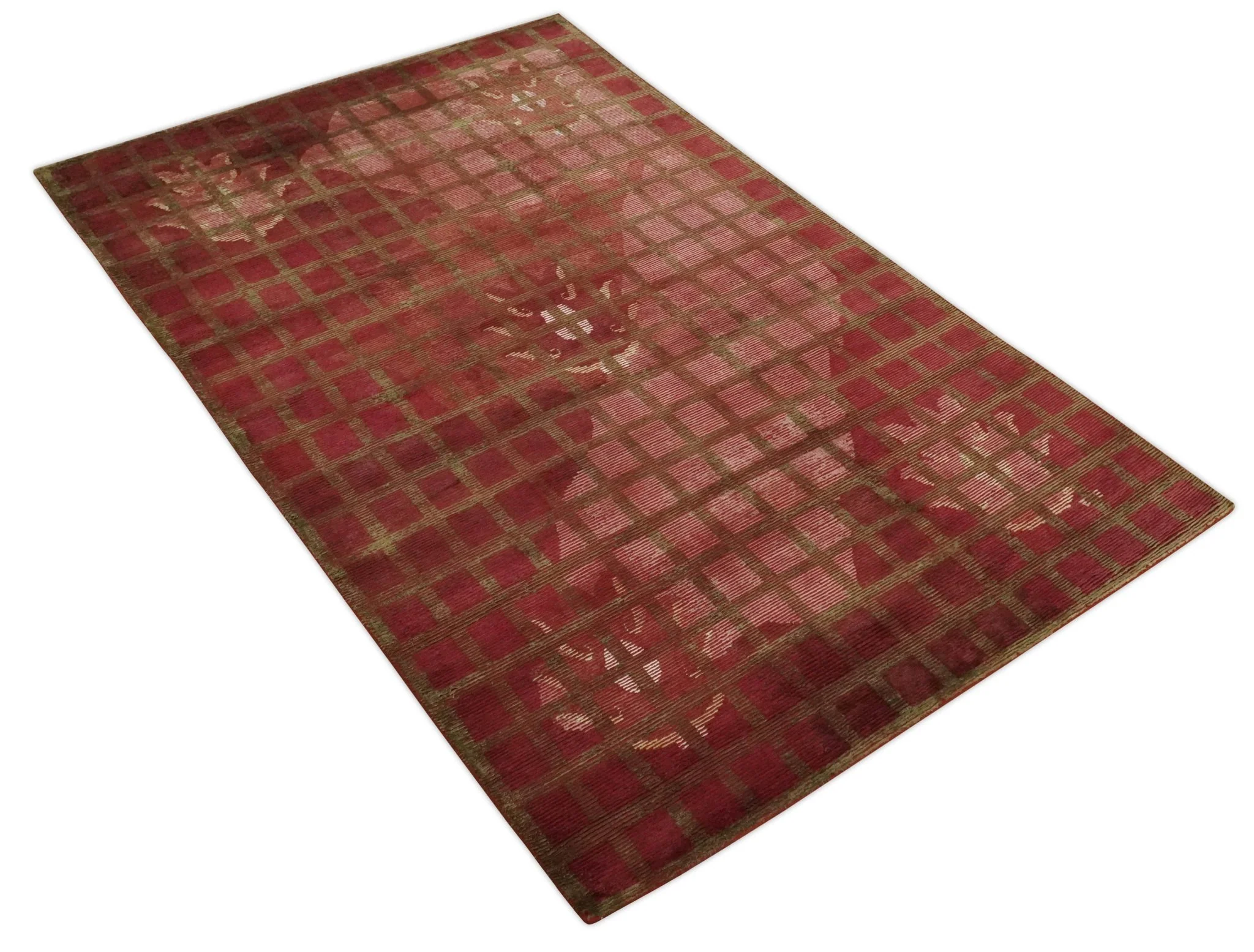 Modern Geometrical Maroon, Green and Ivory Hand knotted 5x8 wool and Art Silk Area Rug - Image 9
