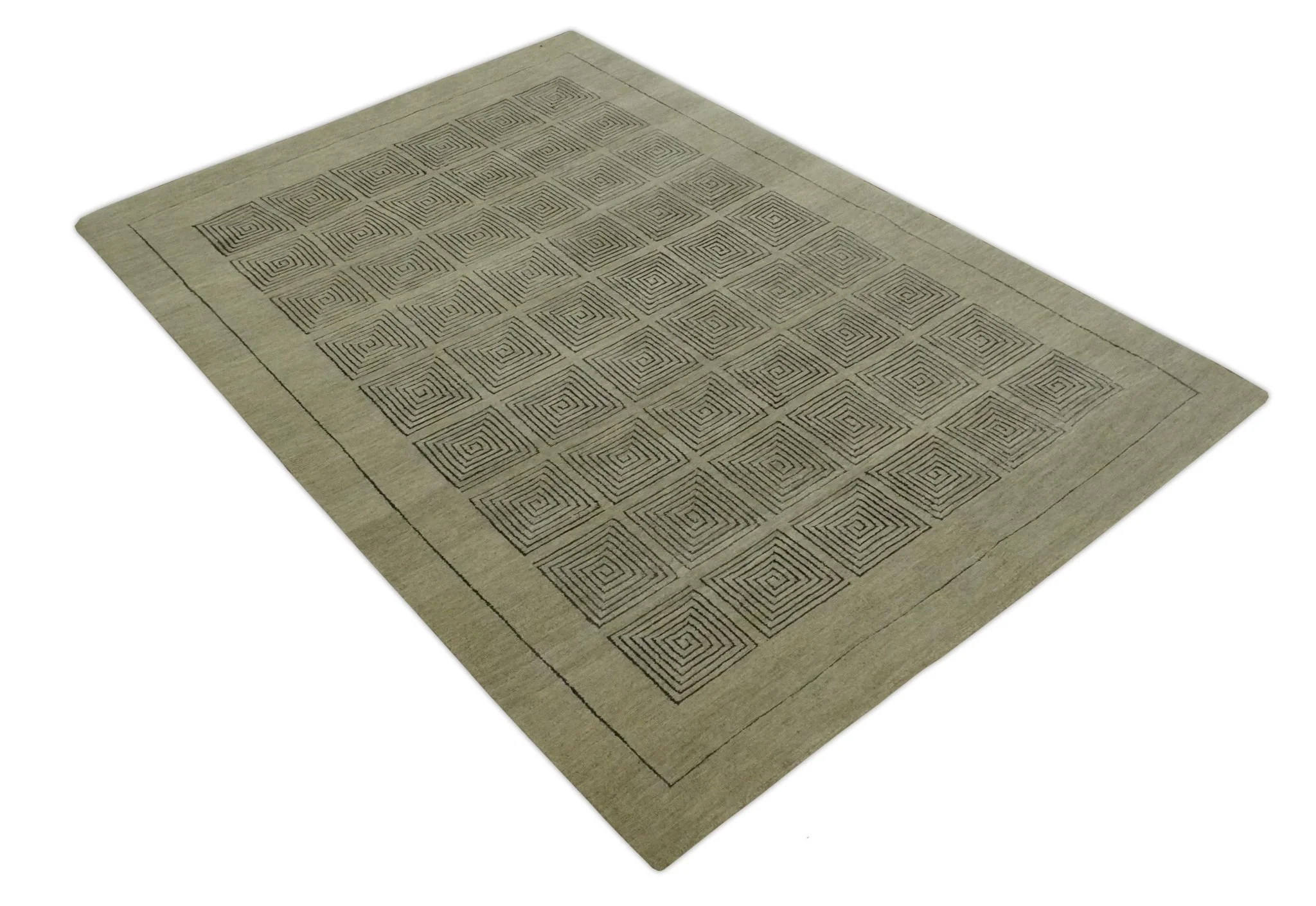 Modern Geometrical Olive and Charcoal Hand loom 5x7 Wool and Art Silk Area Rug - Image 10