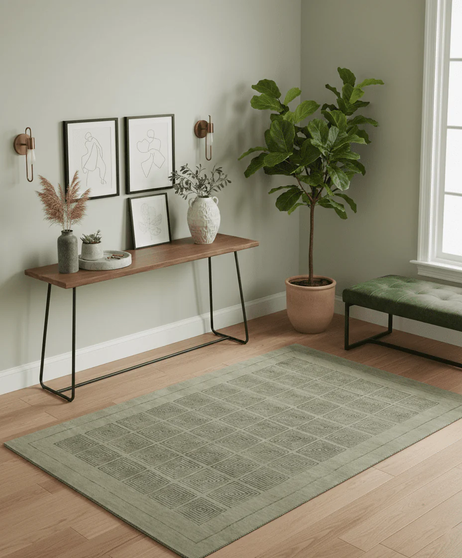 Modern Geometrical Olive and Charcoal Hand loom 5x7 Wool and Art Silk Area Rug - Image 2