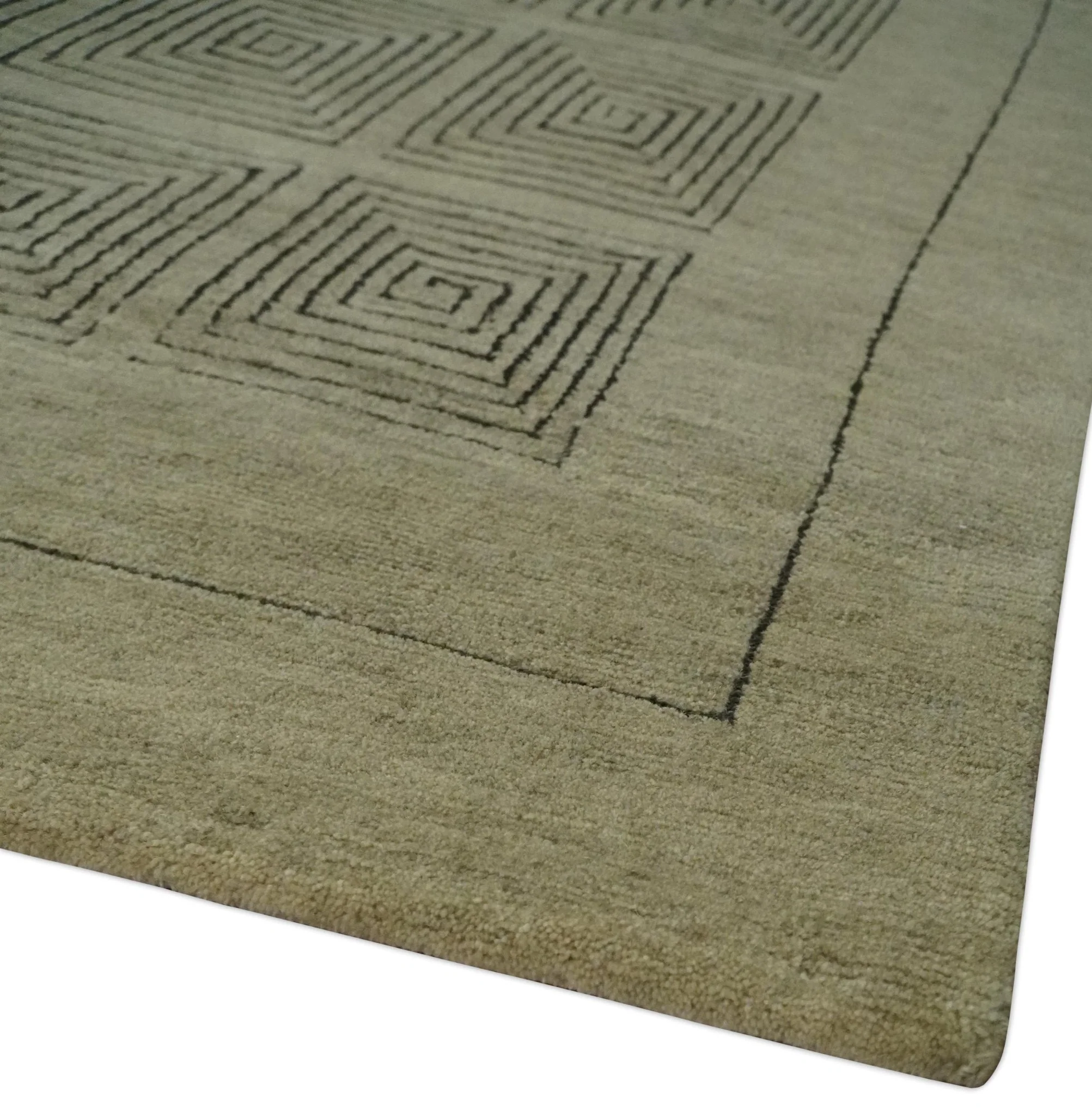 Modern Geometrical Olive and Charcoal Hand loom 5x7 Wool and Art Silk Area Rug - Image 6
