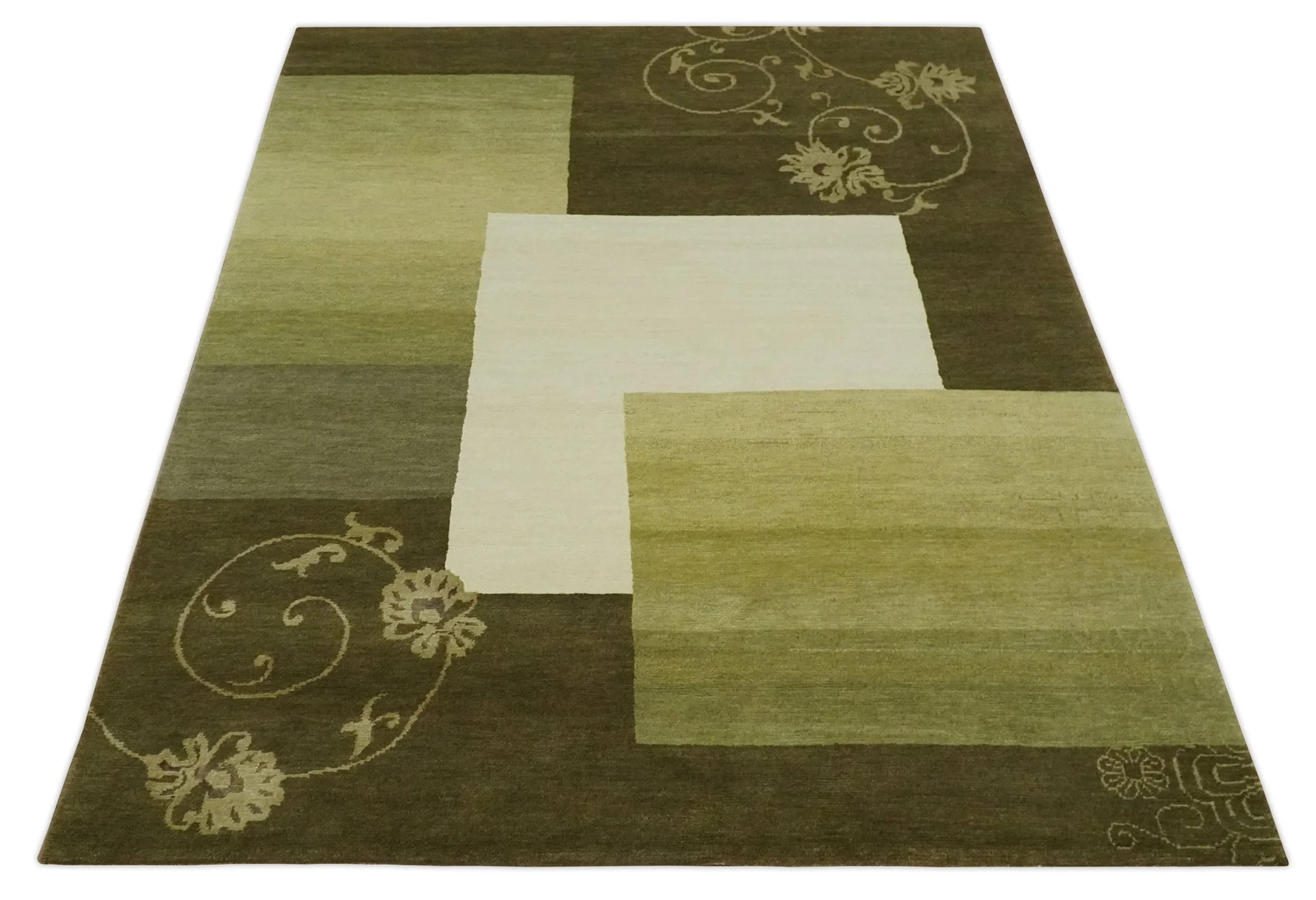 Geometrical Olive and Ivory Floral design Hand knotted 6x8 wool and Art Silk Area Rug - Image 10