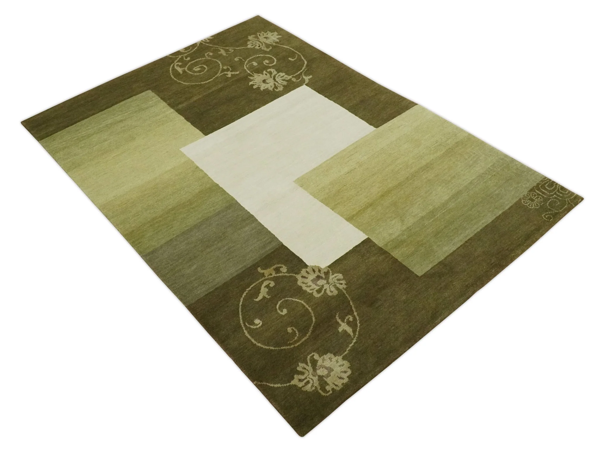 Geometrical Olive and Ivory Floral design Hand knotted 6x8 wool and Art Silk Area Rug - Image 9